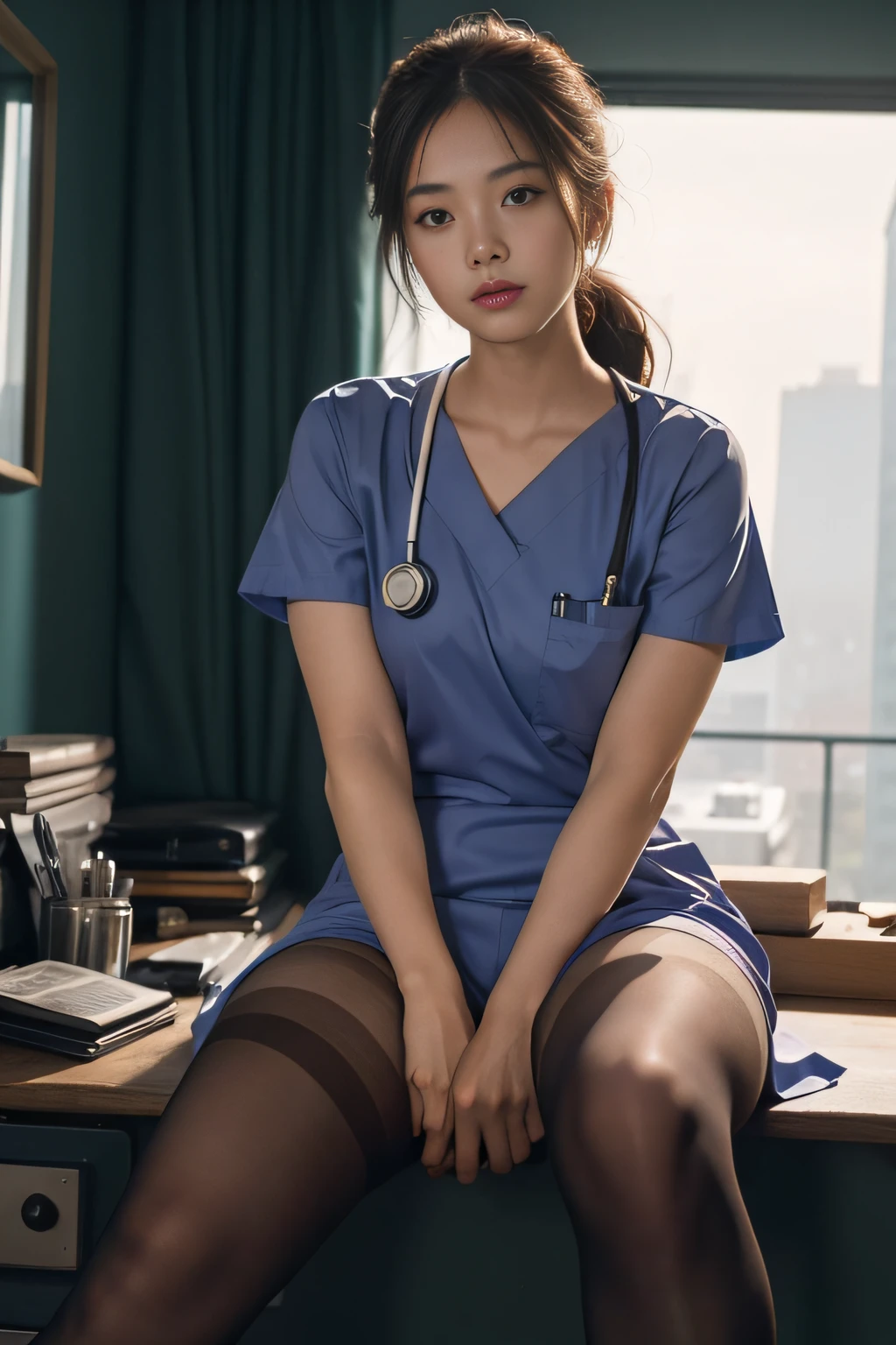 (full bodyesbian:1.5),(1girll:1.3),(view the viewer:1.4),(anatomy correct:1.4),(Sit on top of the hill:1.2),(Wear a nurse suit:1.2),(Opaque pantyhose:1.3),( Girls pointed-toe thick heels :1.1),(Accurate and perfect face:1.3),(Long legs:1.3),hyper HD, Ray traching, reflective light, structurally correct, Award-Awarded, High detail, Fade shadow contrast, Face lighting ,Cinematic lighting, Masterpiece, super detailing, High quality, High detail, Best quality, 16k,High contrast,The background is a construction site:1.5
