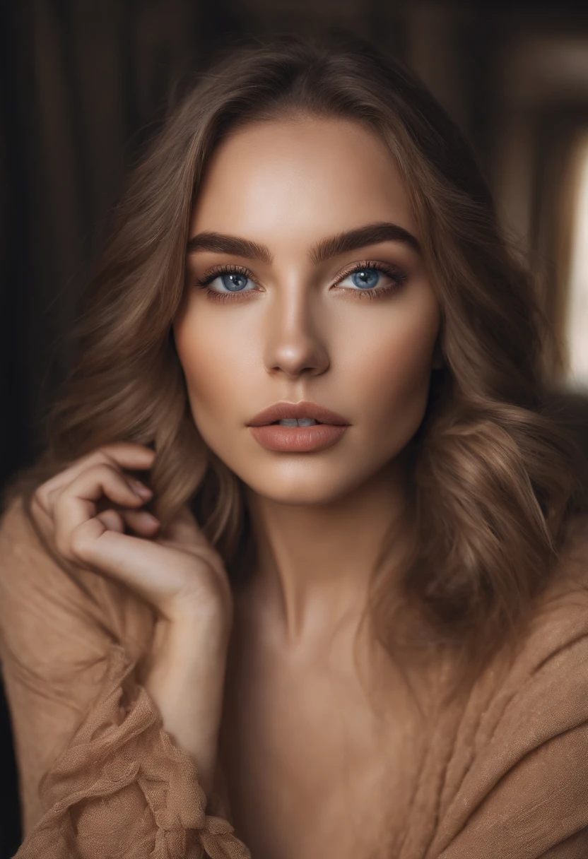 Arafed woman completely , fille sexy aux yeux bleus, ultra realist, Meticulously detailed, Portrait Sophie Mudd, cheveux blonds et grands yeux, selfie of a young woman, Yeux de chambre, Violet Myers, sans maquillage, maquillage naturel, looking straight at camera, Visage avec Artgram, Maquillage subtil, Great photo of the whole body kneeling on a couch, dans le salon, Medium to large bust