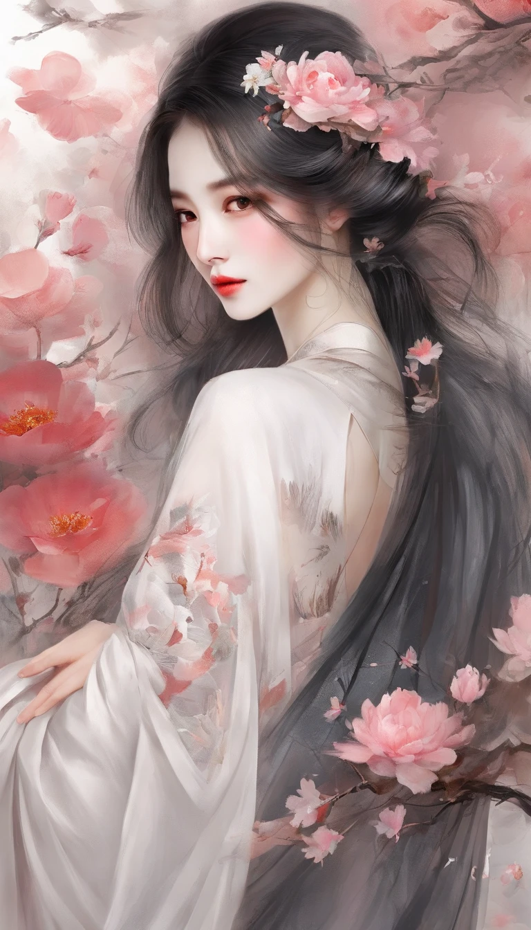 Yun wants to wear clothes and flowers to look good,The spring breeze blows Revlon。if it were not for the jade mountain, I'll see you,Will meet Yaotai moon。A beautiful concubine in ancient China, Yang Yuhuan,Yang,elegant,A shallow shy smile,(Black colored eyes),holding peony flower,(Very detailed and perfect facial depiction),(Black coiled hair),(Half-body appearance),Silk fabric, (Long sleeves floating), It's dancing,Happiness is light,White kitten, (There is a bright full moon in the distant sky:1.2),(surrounded by flower:1.2), vivd colour,(light and shadow effect),(vivd colour),(Color splattering),(Obvious layers),(Ink painting style:1.2),(Photography Award),(8k wallpaper),(Masterpiece),(best qualtiy),A picture,realisticlying