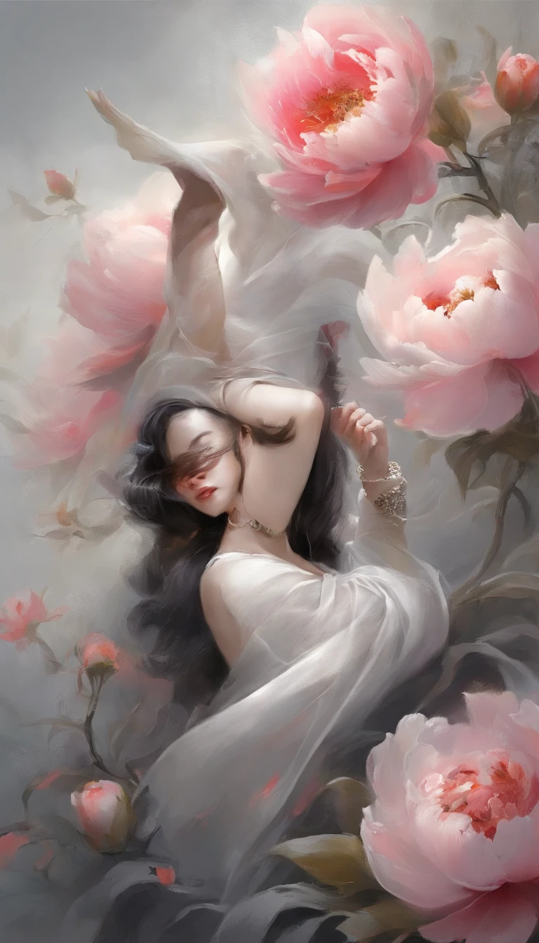 Yun wants to wear clothes and flowers to look good,The spring breeze blows Revlon。if it were not for the jade mountain, I'll see you,Will meet Yaotai moon。A beautiful concubine in ancient China, Yang Yuhuan,Yang,elegant,A shallow shy smile,(Black colored eyes),holding peony flower,(Very detailed and perfect facial depiction),(Black coiled hair),(Half-body appearance),Silk fabric, (Long sleeves floating), It's dancing,Happiness is light,White kitten, (There is a bright full moon in the distant sky:1.2),(surrounded by flower:1.2), vivd colour,(light and shadow effect),(vivd colour),(Color splattering),(Obvious layers),(Ink painting style:1.2),(Photography Award),(8k wallpaper),(Masterpiece),(best qualtiy),A picture,realisticlying
