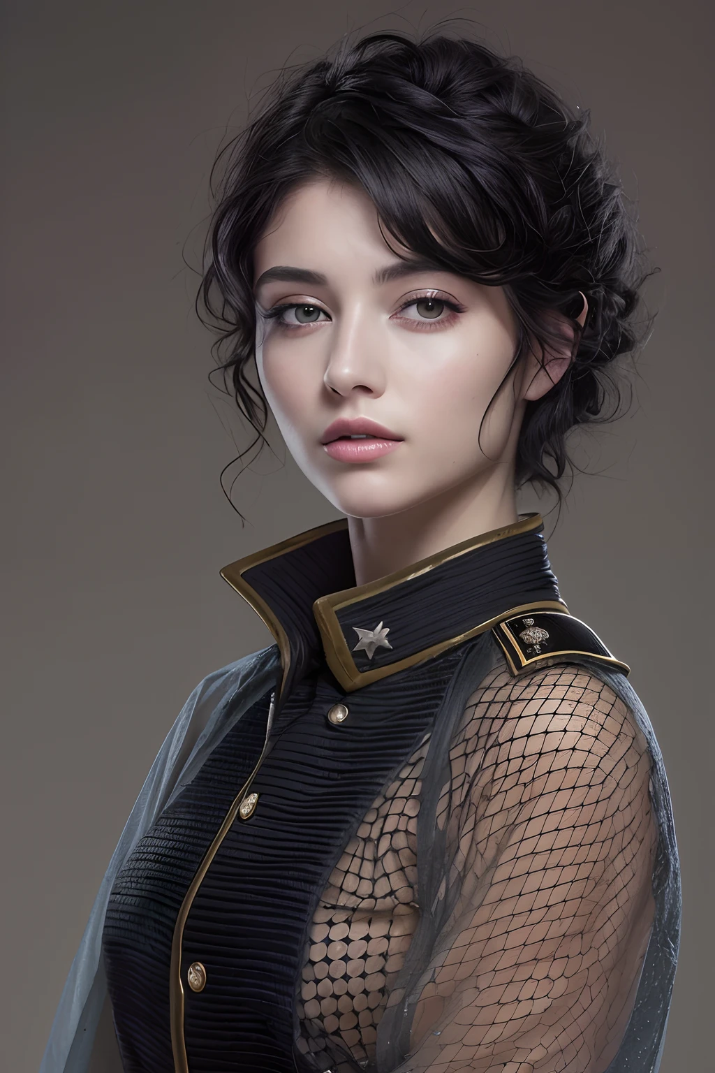 (Highest Resolution, Distinct_image) beste-Qualit, The woman, Masterpiece, Highly detailed, semi-realistic, black short hair, black hair, Bangs, 26 years old, hair up to the shoulders, Mature, Young, black clothing, Black Uniform, without a military uniform, Completely naked body, Military Academy, Beautiful, heroic, heroic, indoors background, Delicate and delicate facial features