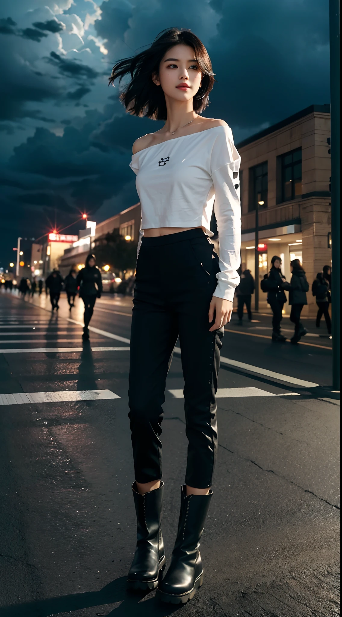 (shoulder length straight short black hair: 1.3), （Extremely meticulous CG 8k wallpaper），（Extremely refined and beautiful），（Masterpiece），（best qualtiy：1.0），（Ultra High Resolution：1.0），beautiful light up，Perfect lightning，realistic shaded，[A high resolution]，Smooth and flawless fair skin，Extremely exquisite facial details，（perfect body：1.1），ultra - detailed，A beautiful girl，small head，(Small breasts:1.1)，Flat chests，slim，thin，Smile，cheerfulness，(Maxi white long sleeved T-shirt:1.3），（Black cropped pants with large holes:1.3）,(Black military boots:1.3)autumn，Dusk, （cloudy：1.6），Close Shot，Surrounded by a crowded crowd，At the school gate，Crossing the road, running, hair flying, sideways,