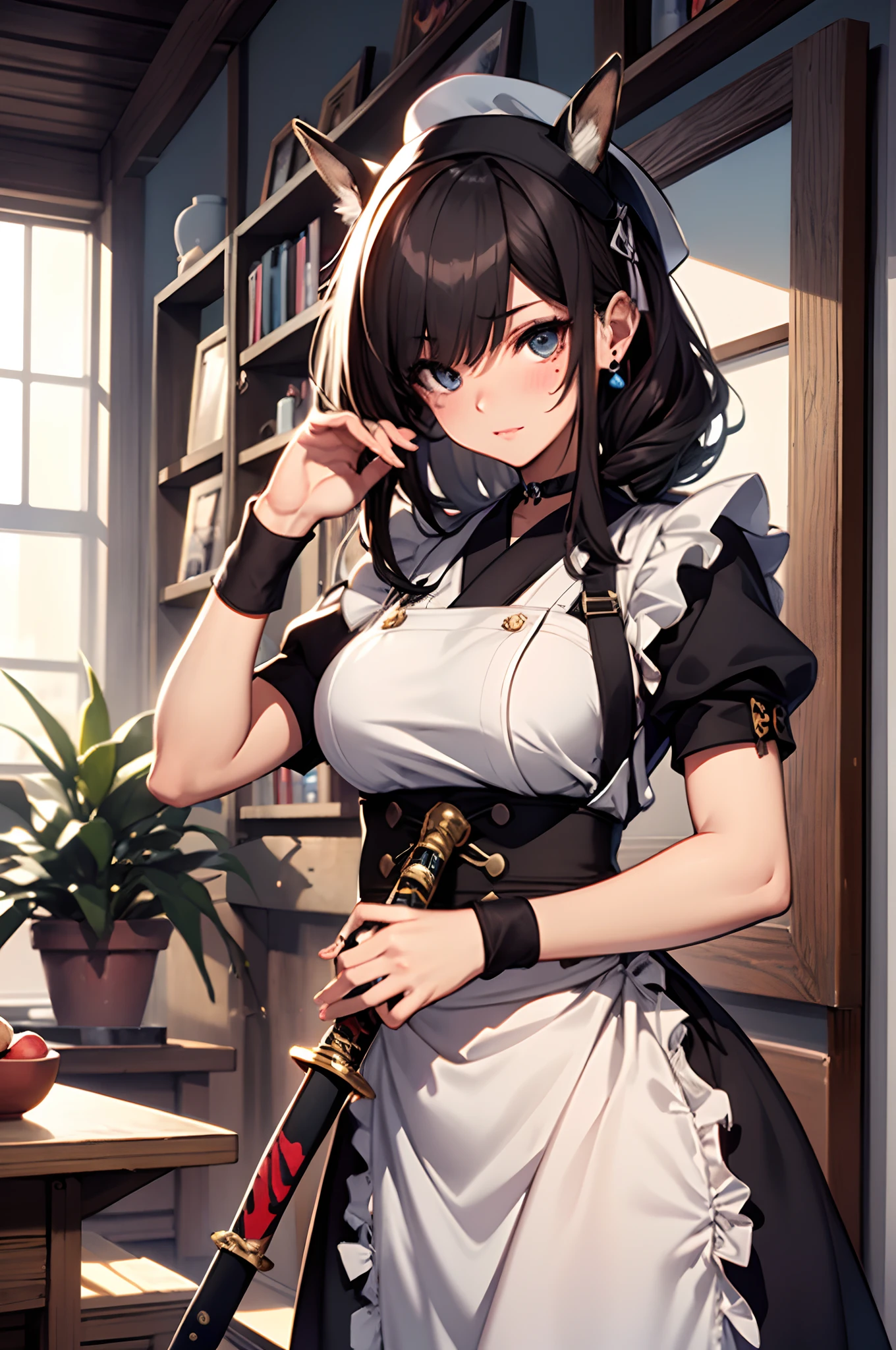Background with:A room of the Western nobility(Wall-to-wall bookshelves、Large desk lined with historical Western antiques、Big old clock、Large houseplants、astronomical telescope、antique、Old brown globe、Stuffed deer head)。Curvaceous but slender、Branded Mesh、ornament detached、Maid Sailor、Separate Wear、apron、frilld、a sailor suit、maid clothes、Niso、accessorized、shairband、Muchimuchi Body、well-muscled、mole、hair adornments、shairband、Hats、Distinctive charm points、Eyebrows、Sareme、poneyTail、Muscular nose、red blush、offensive、one eye covered、sadist、Grab a weapon(katanas、Japanese Katana Sword、shotgun、spear、short knife)、plump lips、Engaging pose、Physical beauty、Black Choker、disheveled hair、Unique fashion、Depiction in motion、Healing space、soft sunlight、Combining Light and Shadow、(top-quality、hight resolution、8k、masterpiece:1.2)。complex details beautiful and delicate eyes, Smooth Anime CG Art, Detailed Digital Anime Art, official artwork, pixiv style, Detailed anime artwork, artbook artwork, Seductive Anime Girl。