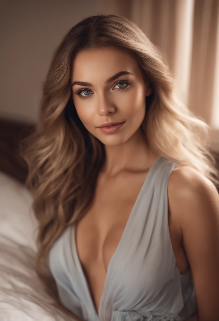 arafed woman fully , sexy girl with blue eyes, ultra realistic, meticulously detailed, portrait sophie mudd, blonde hair and large eyes, selfie of a young woman, bedroom eyes, violet myers, without makeup, natural makeup, looking directly at the camera, face with artgram, subtle makeup, stunning full body shot kneeling on bed, in bedroom, medium to large size bust, brown eyes, smiling, picture near a bugatti chiron