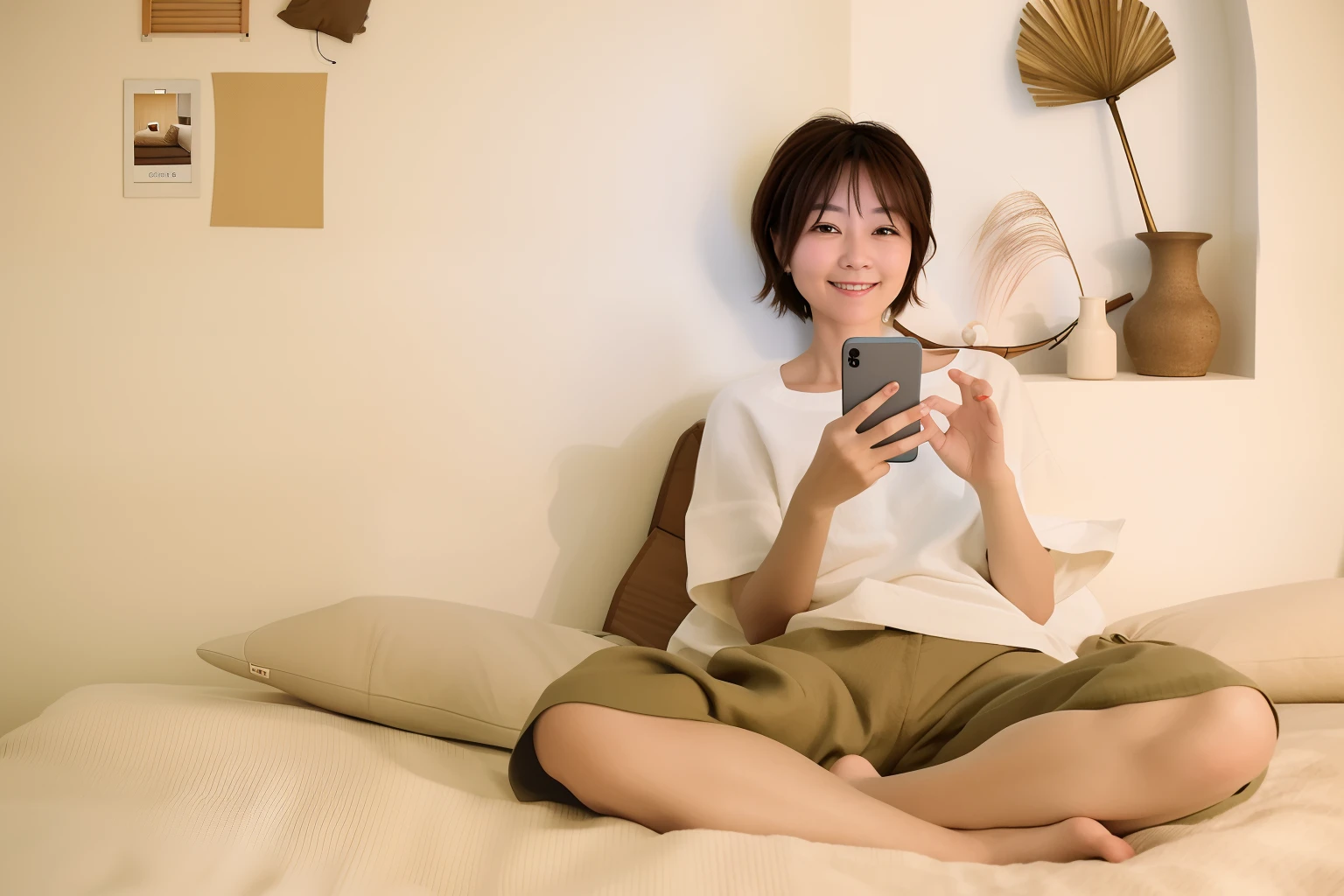 There was a woman sitting on the bed playing with her phone, ssmile,checking her phone, she is holding a smartphone, sitting in bedroom, sit on a bed, advertisement picture, in a japanese apartment, At home, someone in home sits in bed,bottom angles