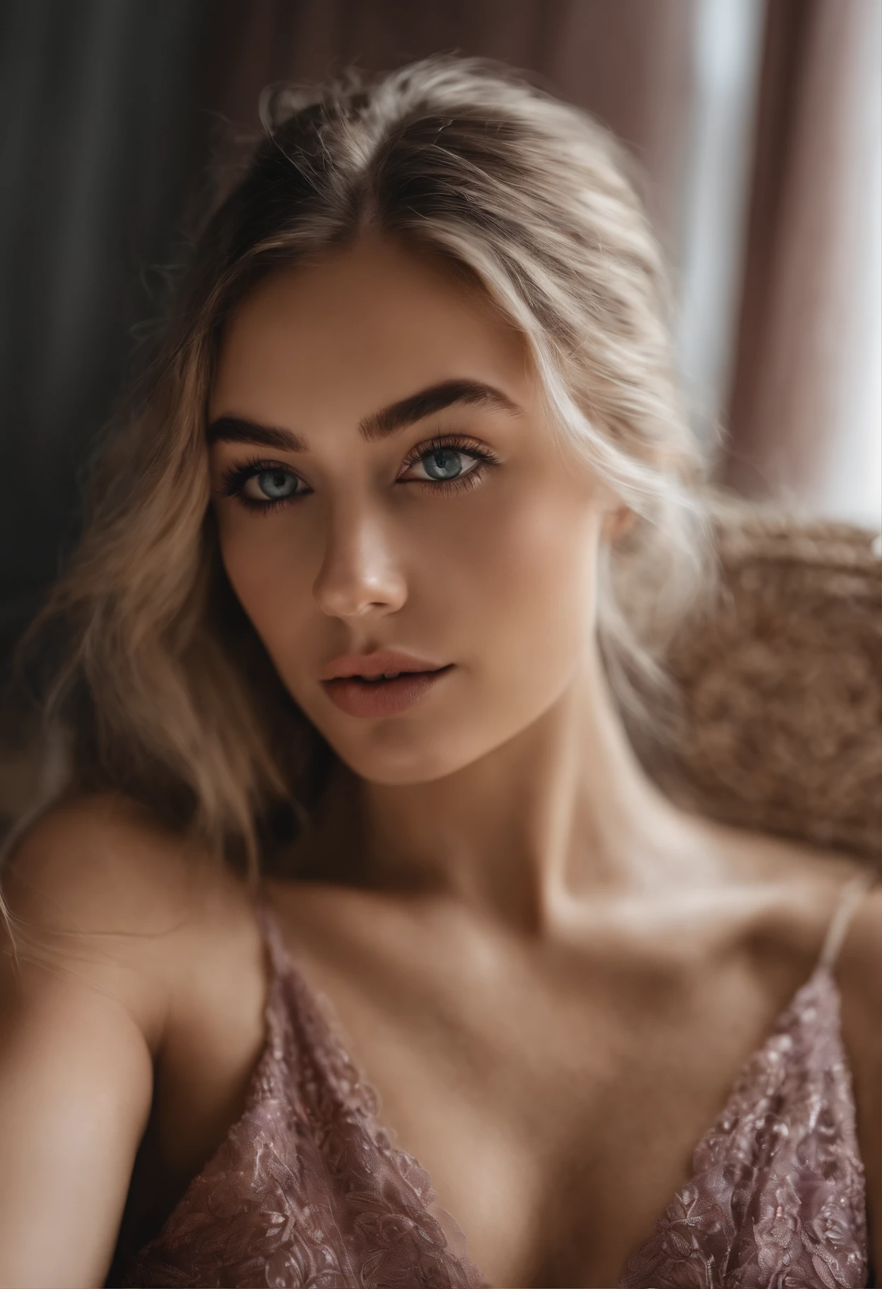 Arafed woman completely , fille sexy aux yeux bleus, ultra realist, Meticulously detailed, Portrait Sophie Mudd, cheveux blonds et grands yeux, selfie of a young woman, Yeux de chambre, Violet Myers, sans maquillage, maquillage naturel, looking straight at camera, Visage avec Artgram, Maquillage subtil, Great photo of the whole body kneeling on the bed, dans la chambre, Medium to large bust