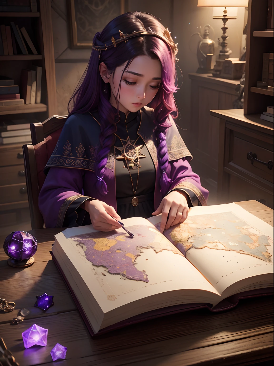 masterpiece、top-quality、My Galaxy、My World、Pedras preciosas、treasure chests、pentacle、Everything shines、realisitic、detaileds、Places not on the map、Red thread、fates、Purple mist