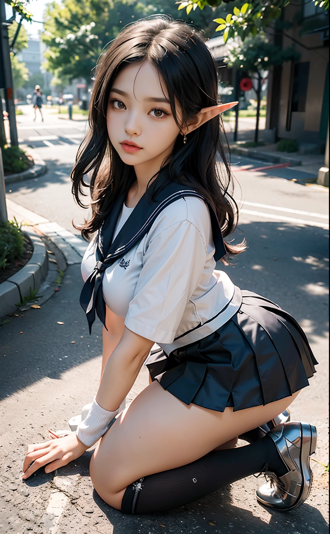 (Japanese-style school,the cherry trees:1 Elf beauty,Kneeling pose,Point at you with your ass,a sailor suit),A masterpiece of normal posture, best qualtiy, RAW photogr,Meticulous facial portrayal,realisticlying, Incredibly Ridiculous res,(Elf long ears), ear studs,hair pin, (Long flowing silver-black hair),eye shadows,(a sailor suit),eardrop,short skirt,(Black sport socks:1.9)(Black half-knee socks+),(Low-heeled leather shoes),two longer legs,depth of fields, A high resolution, ultra - detailed, filigree, RAWE is very detailed, very detailed eyes and faces, Sharp pupils, realistic pupil, tack sharp focus, cinmatic lighting,full bodyesbian,Bigboobs,long leges,From the front side,dynamicposes,Normal posture,closeup of face