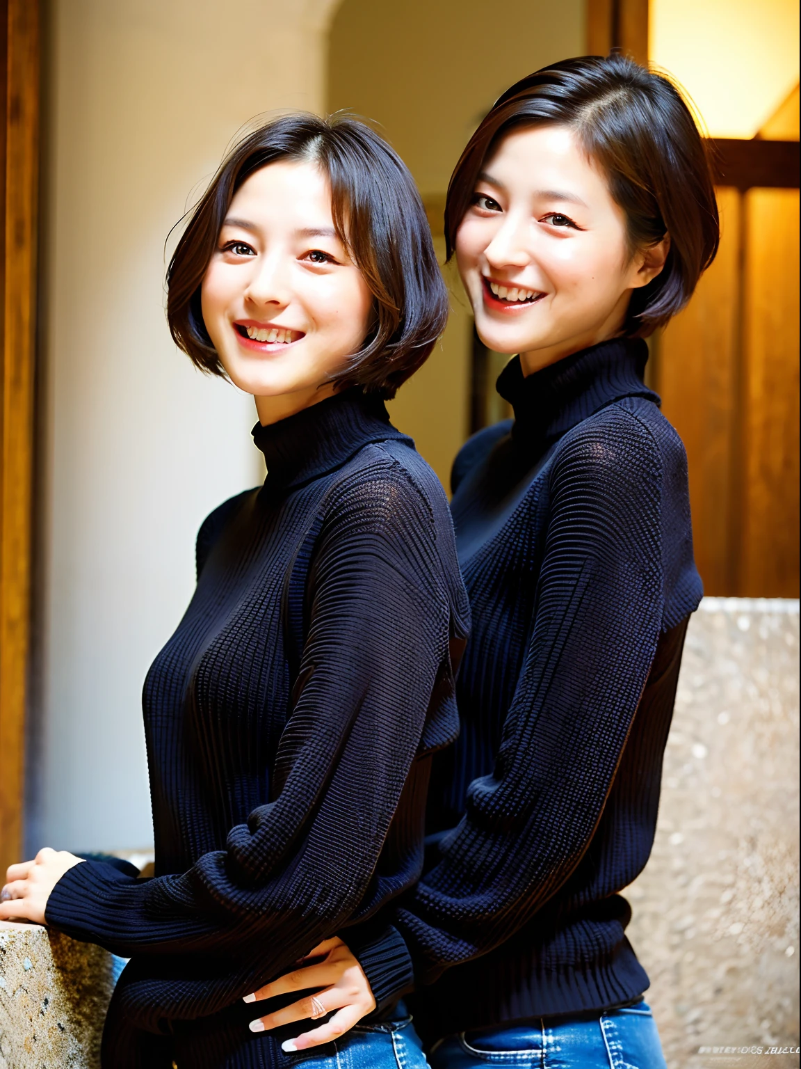 Best Quality ,超A high resolution,(photographrealistic:1.4),identical twin sisters are large ,Black Shorthair ,14years、Bare Top Summer Sweater、Large, Detailed eyes、Beautiful smooth skin、Laugh、(ulzzang-6500:1.0)