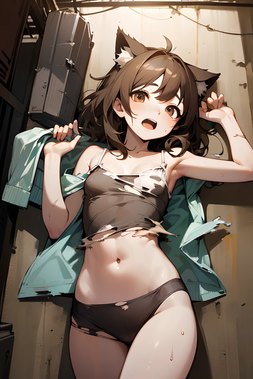 ((Masterpiece)), (Professional Photography:1.2), (High Definition:1.3), best quality, 8K, from above, wide shot, Textured skin, cinematic lighting, ((exposed stomach, undressing slovenly)), 1girl, (Cute teenage beautiful Girl, beautiful brown eyes)、details of Very messy medium hair、((dirty and very torn white-camisole))、blush and innocent laugh、Open mouth wide、Slender and small breasts, sweaty、Beautiful small breasts、Cat ears, Pale brown hair, ((walking with legs spread wide, asian Slum townscape))