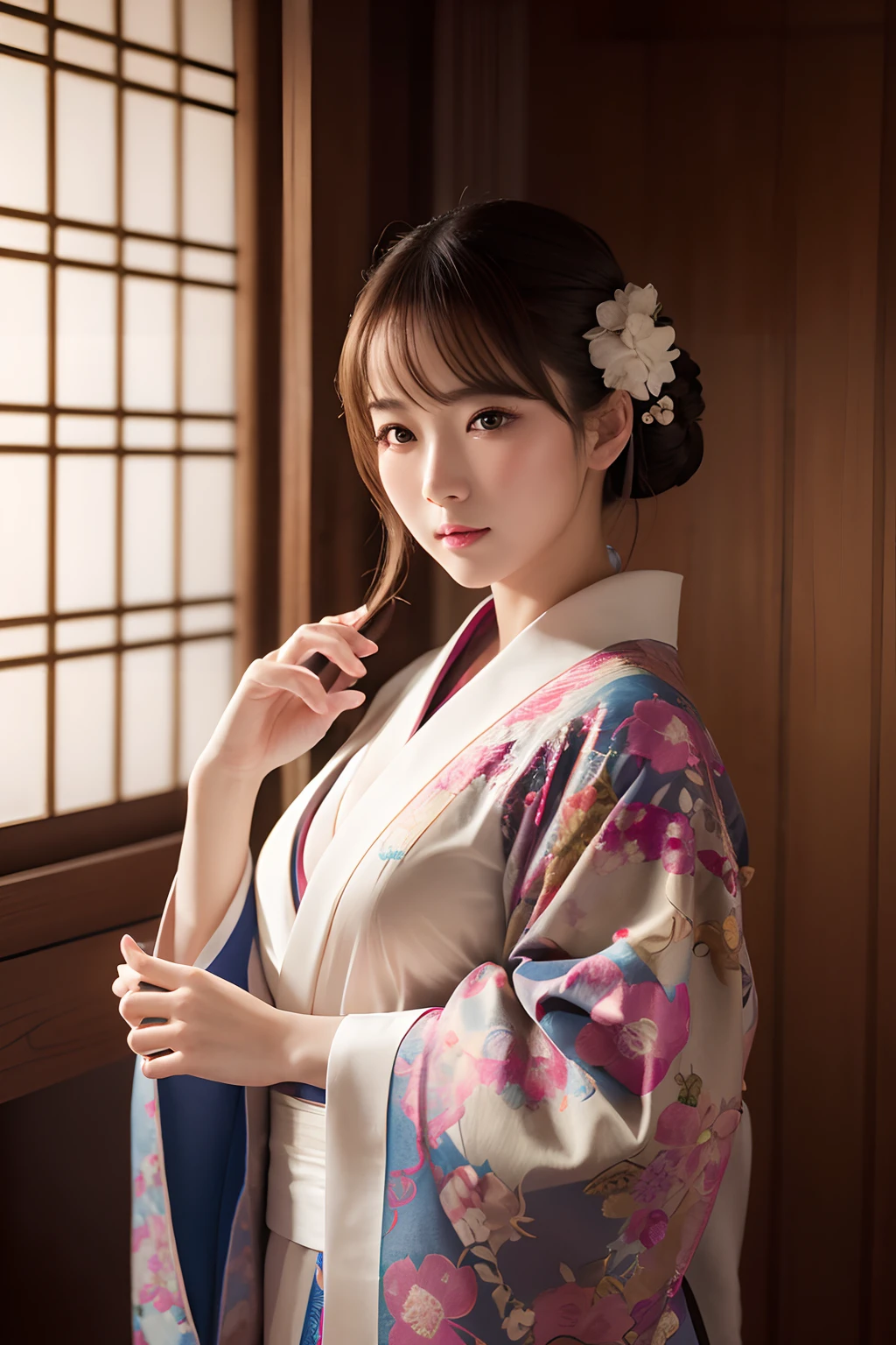 High quality, High resolution, 8K, Photorealistic, High contrast, Ultra-fine, Professional Lighting, Beauty,(Details Beautiful Girl:1.4),,Woman in Kimono