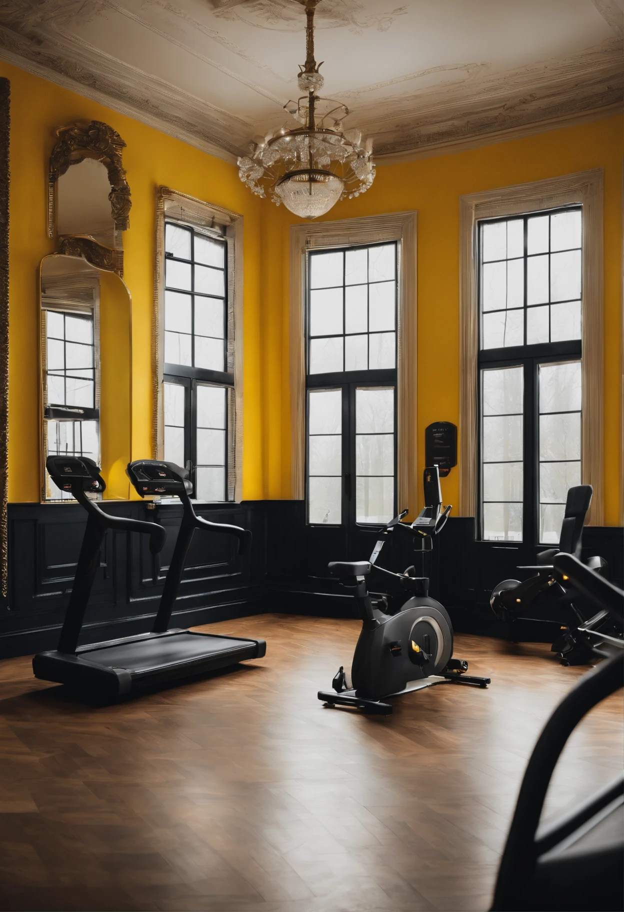 Large retro space,ellegance,with beautiful colors,Yellow wall,Black European wainscoting,wooden floor,The lighting is charming,Fitness equipment,Multiple treadmills