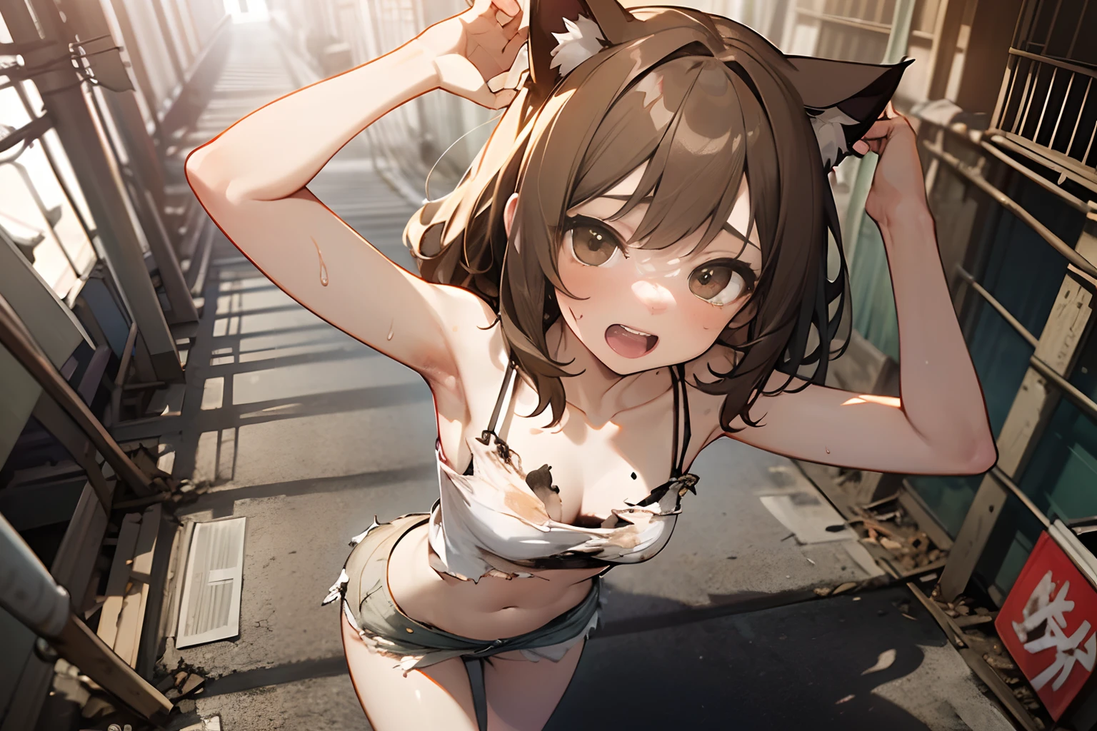 ((Masterpiece)), (Professional Photography:1.2), (High Definition:1.3), best quality, 8K, from above, wide shot, Textured skin, cinematic lighting, ((exposed stomach, undressing slovenly)), 1girl, (Cute teenage beautiful Girl, beautiful brown eyes)、details of Very messy medium hair、((dirty and very torn white-camisole))、blush and innocent laugh、Open mouth wide、Slender and small breasts, sweaty、Beautiful small breasts、Cat ears, Pale brown hair, ((dancing with legs spread wide, asian Slum townscape))