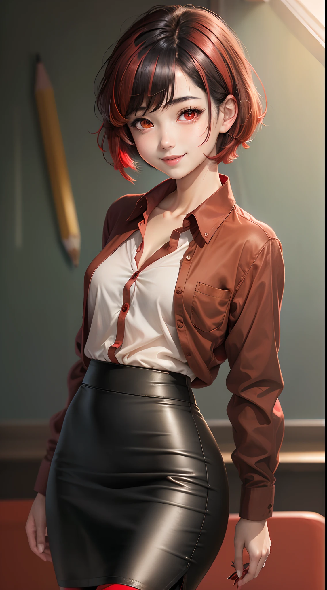 1 girl,Realistic anime girl, young girl, short hairs, wearing (((shirt, pencil skirt))),((( black hair with red highlights))), ((small chest)), smiling