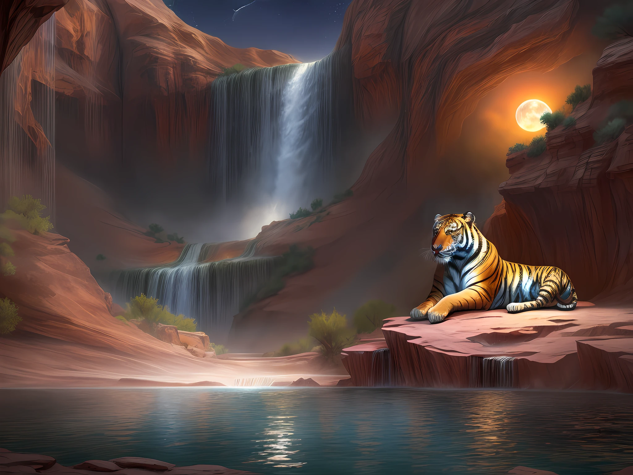 fantasy art, RPG art, an picture of a tiger resting near an epic sized waterfall in the desert at night, an epic tiger, big leopard, resting an viewing an (epic sized waterfall: 1.3), water coming down from a desert cliff, water cascading into a large pool that reflects the moon and stars, you can see the water hitting the pool, drops of water splashing around, desert cliffs background, photorealistic, 16k, RAW, award winning, (best detailed: 1.5), masterpiece, best quality, (best detailed: 1.3), full body, ultra wide shot,