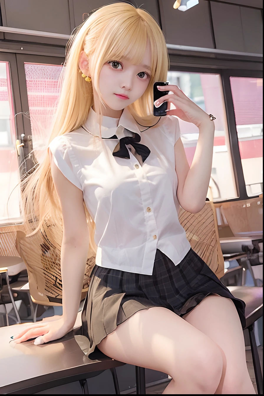 8k, beautiful blonde student, posing for school pictures, cute schoolgirl skirt, elaborate blouse, make up on face, legs spread open wide, vibrant, hyper realistic, ultra detailed, elaborate, masterpiece, highest quality