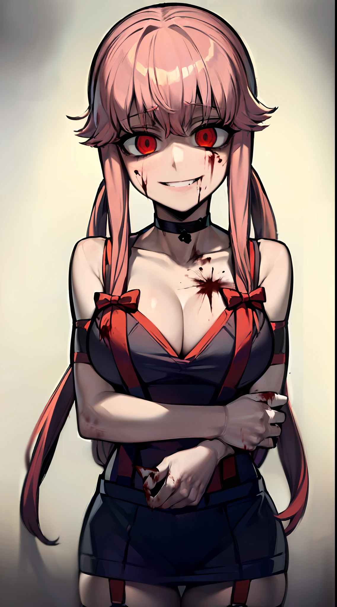 ((masterpiece, best quality)), (1girl), (solo), (female focus), (yuno gasai:1.5), long hair, (red eyes:1.5), pink hair, smile, low twintails, red eyes, 1girl, (large breasts:1.5), solo focus, (black choker:1.5), (Open chest sweater:1.5), black thigh high socks, grey mini skirt, crazy smile, (blood splatter:1.5), (yandere:1.5), in a old room, (psycho:1.5), (stocking suspenders:1.5), (POV, form below:1.5), (perfect hands:1.5), (she kills you:1.5), (evil eyes:1.7), (old room:1.5), (she holding you up against the wall:1.6), (Future Diary:1.5), Retro VHS Tape