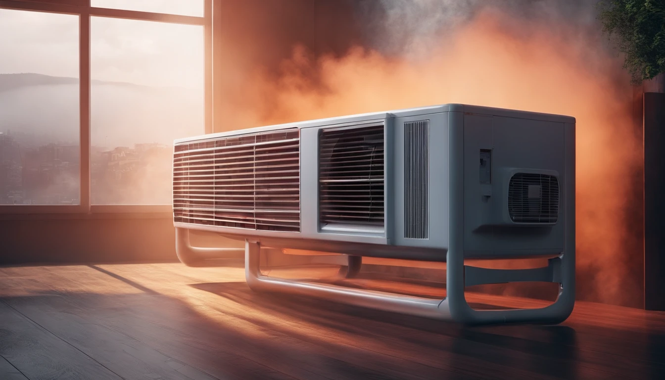 Advertising poster air conditioner, Modern design, Sporty style, Cold and hot wind, flashes of multi-colored fog, Realistic professional photography, 8k --s 16:9