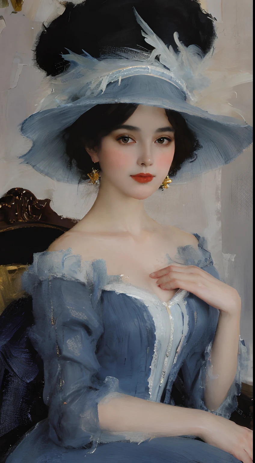 painting of a woman in a blue dress and hat with feathers, art of edouard bisson, elegant digital painting, ( ( konstantin razumov ) ), a beautiful victorian woman, victorian lady, wlop painting style, elegant woman, beautiful character painting, elegant lady, elegant lady with alabaster skin, konstantin razumov, fantasy victorian art