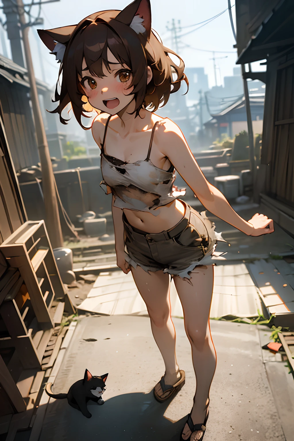 ((Masterpiece)), (Professional Photography:1.2), (High Definition:1.3), best quality, 8K, wide shot, Textured skin, cinematic lighting, ((exposed stomach)), 1girl, (Cute age beautiful Girl, beautiful brown eyes)、details of Very messy medium hair、((dirty and very torn white-camisole))、blush and innocent laugh、Open mouth wide、Slender and small breasts, sweaty、Beautiful small breasts、Cat ears, Pale brown hair, ((standing with legs spread wide, asian Slum townscape))