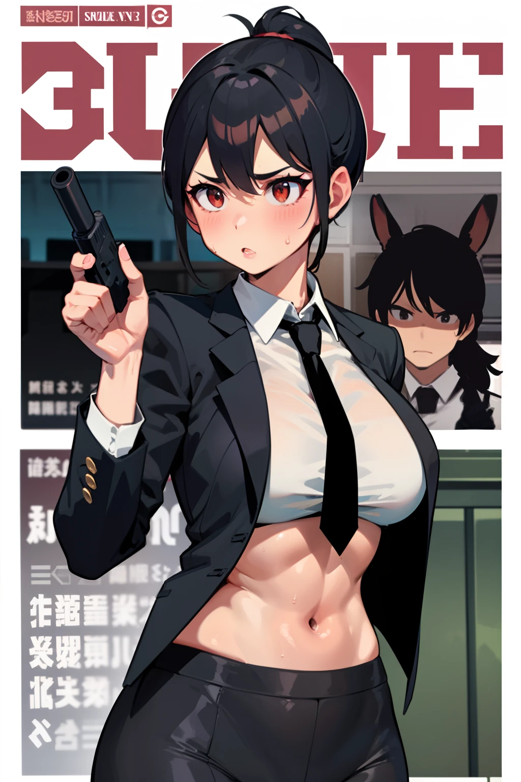 sweating, sweaty, slight tan, big boobs, tan skin, blush, black hair, ponytail, girl in a black suit holding a gun with both hands in black leather gloves, gun, black suit, man suit, tomboy, wearing tie, sfw, on train, bodyguard, movie star, gun, spy , cool spy, holding gun, action movie poster, poster cover, magazine cover, cute, man suit, black uniform