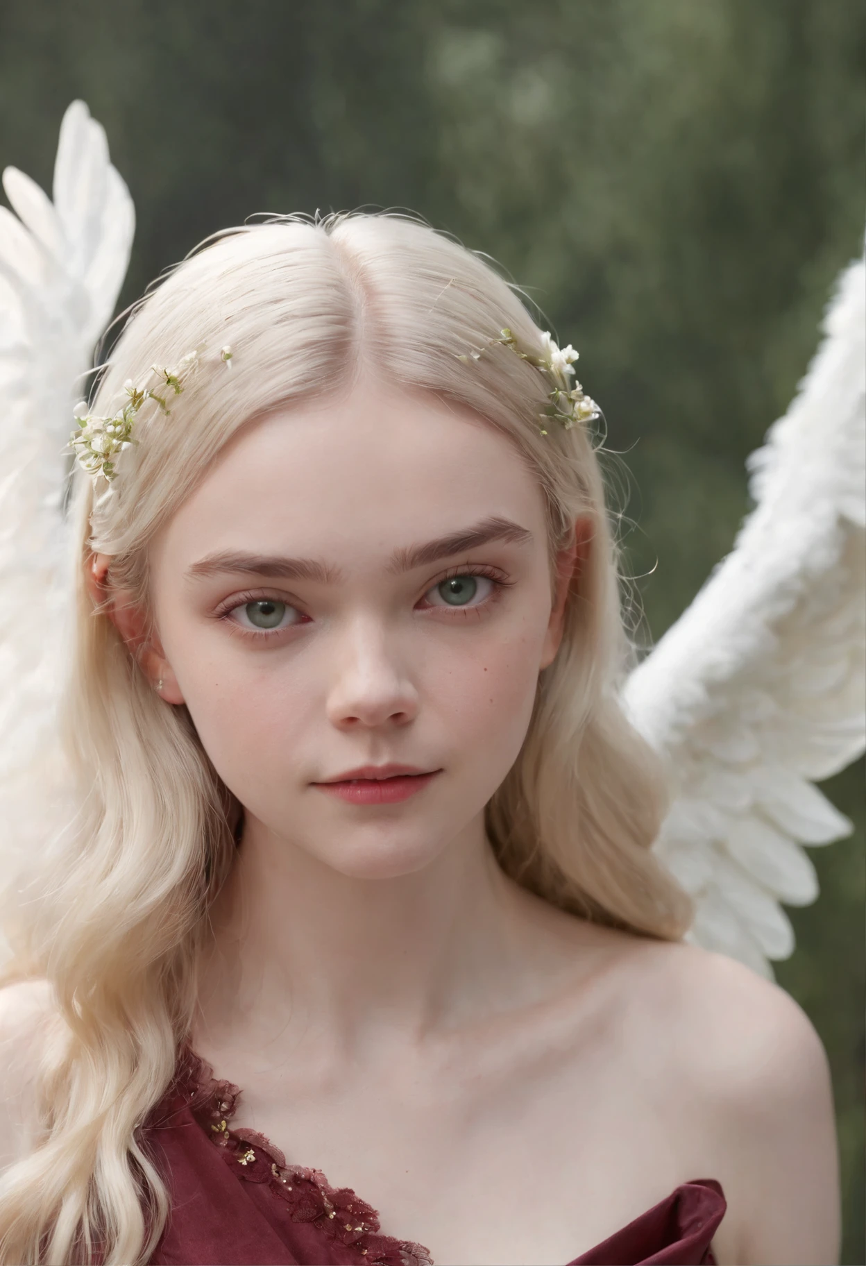 (((A deep reddish scar runs on her left cheek))) light skinned,  woman, Natural gray hair, Distinctive green eyes,  slender and graceful,,,, Beautiful, candle light, Ultra Sharp Focus, realistic shot, white cotton dress,Bokeh、Cute face tetradic color (Scar:1.4)、(((large angel wings on the back)))、(((Elle Fanning)))、white  hair、Light coming in from behind、Imperial Light、,