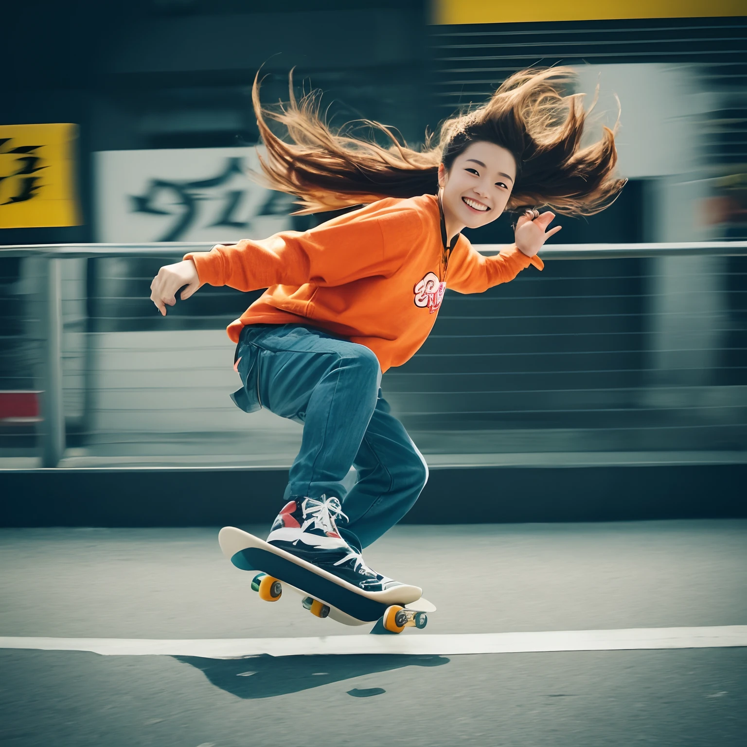 1人の女性、20yr old、masterpiece、top-quality、ultra-detailliert、raw、japanes、Like Korean idols、Blonde or brown hair、(a small face:1.4)、eye liner、eyeshadows、A smile、(Curvaceous:1.4)、Hip-hop style、colourful clothes、Dynamic Pose、graffiti art、Looking at the camera、The best smile、break dance、Riding a skateboard、Fly into the air、slow motion、Blur the background