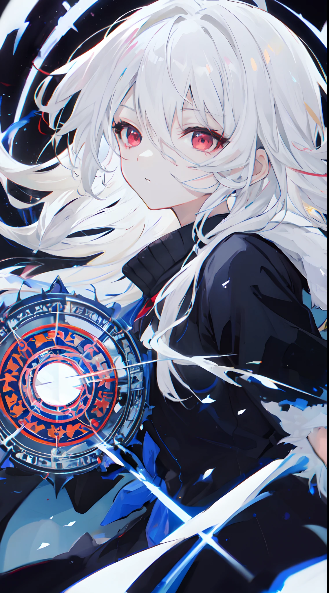 anime girl with white hair and red eyes holding a shield, magic circle, best anime 4k konachan wallpaper, white haired deity, zerochan art, anime art wallpaper 8 k, anime style 4 k, ufotable art style, detailed key anime art, anime art wallpaper 4 k, anime art wallpaper 4k, ryuko matoi, white haired, anime wallaper