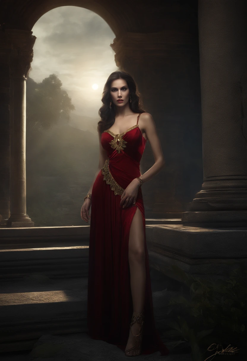 1 girl "Gal Gadot com vestido longo vinho", pintura: Uma encantadora obra de arte representando uma garota vestindo seda, By a mystical pool, cercado por encantos turbulentos, with the distant planet casting an ethereal light upon her.