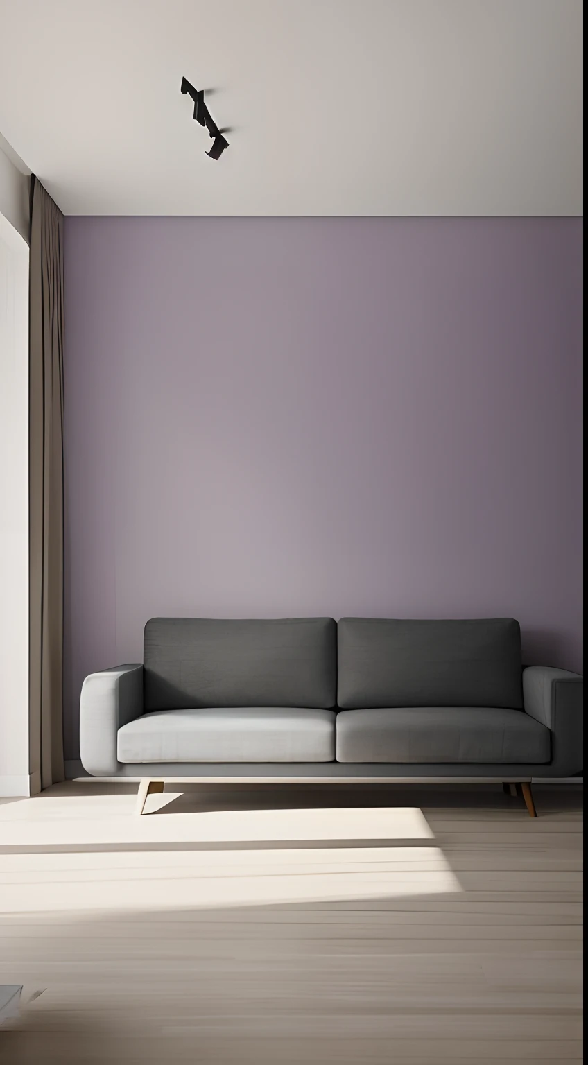 A room with minimal furniture and no people, featuring only one vase, one painting, and one sofa. The walls are painted in a light color with low saturation, creating a cold Purple and soft ambiance. The overall color tone of the room is consistent. The lighting is soft and gentle, without any direct sunlight or daylight effect. Tags: one vase, one painting, one sofa, minimal furniture, light-colored walls, low saturation, soft light, one-tone color scheme, no sun, no daylight. From the point of view of a person in front of a parallel wall of the camera, for background