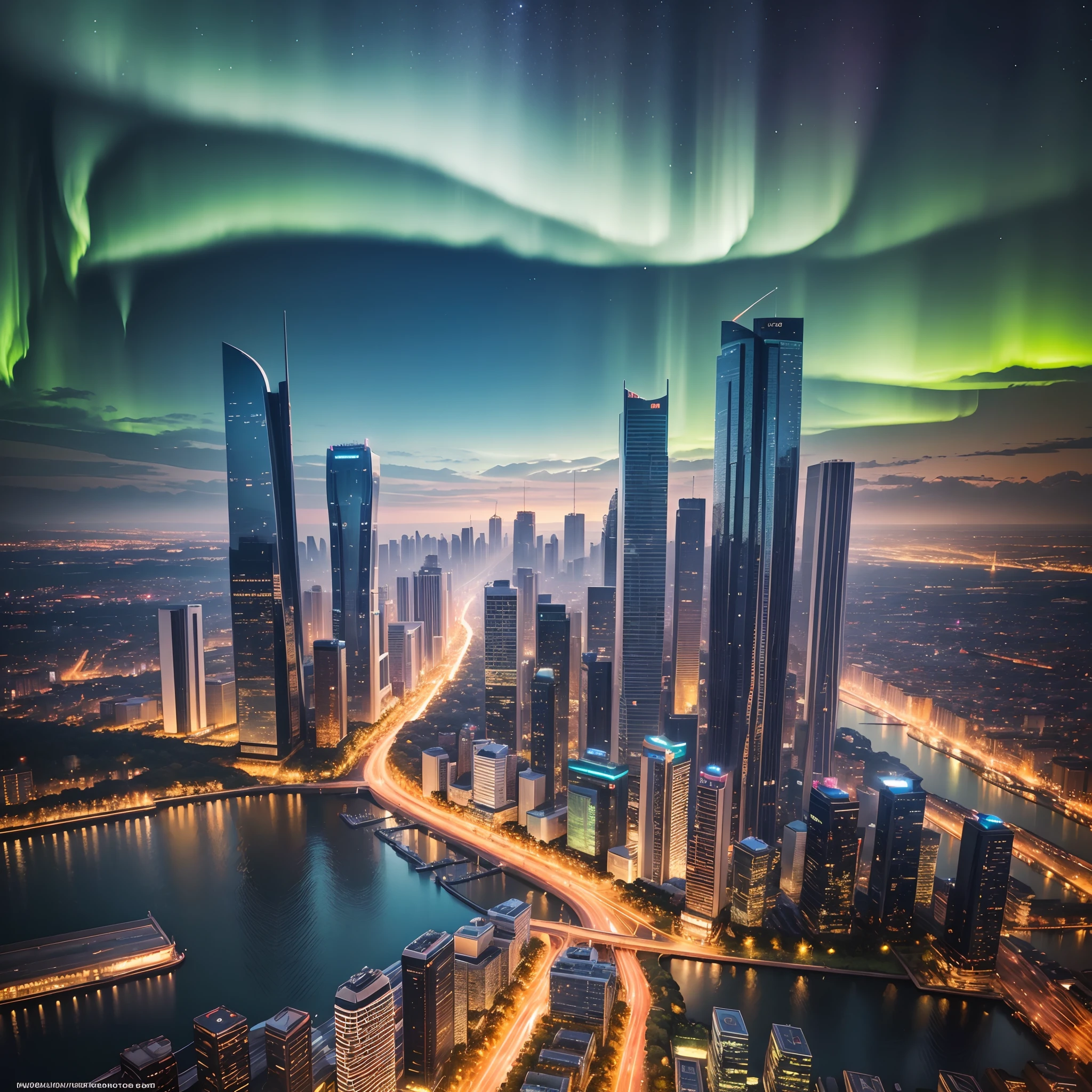 (photorealistic) landscapes, Bangalore cityscape with Northern lights, vibrant colors, stunning night sky scene, detailed architecture, lush greenery, sparkling water, bustling streets, peaceful atmosphere, glowing city lights, starry sky backdrop, magical auroras dancing, surreal beauty, dreamlike scenery, breathtaking views, realistic cityscape at night, ethereal atmosphere, perfect blend of nature and urban life, serene and tranquil vibes, vibrant and dynamic city, picturesque skyline, iconic landmarks, remarkable fusion of man-made and natural elements, immersive experience, awe-inspiring sight. --auto