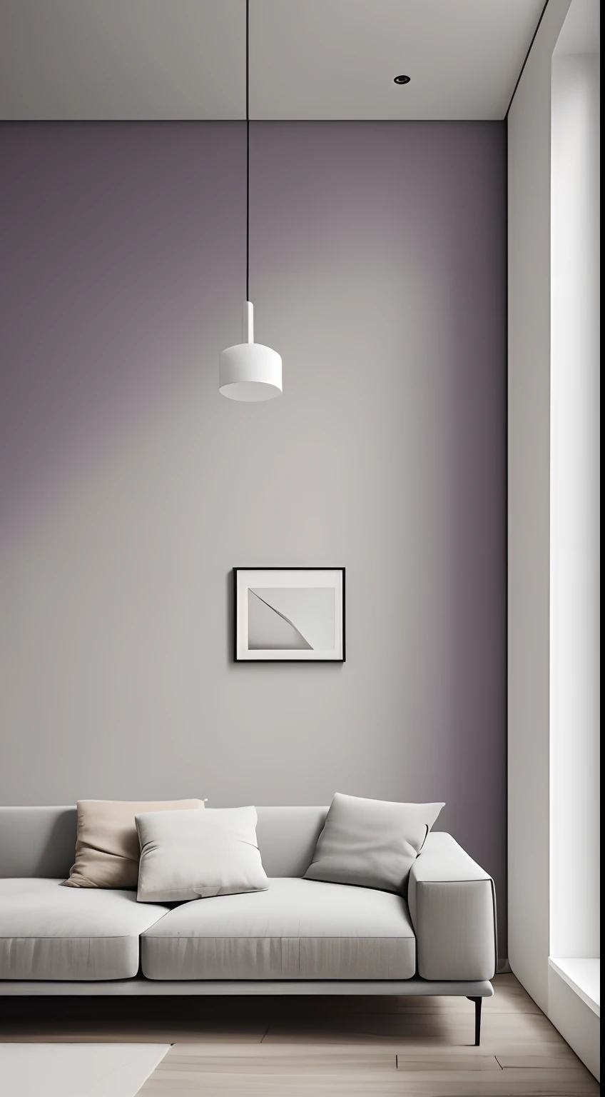 A room with minimal furniture and no people, featuring only one vase, one painting, and one sofa. The walls are painted in a light color with low saturation, creating a cold Purple and soft ambiance. The overall color tone of the room is consistent. The lighting is soft and gentle, without any direct sunlight or daylight effect. Tags: one vase, one painting, one sofa, minimal furniture, light-colored walls, low saturation, soft light, one-tone color scheme, no sun, no daylight. From the point of view of a person in front of a parallel wall of the camera, for background