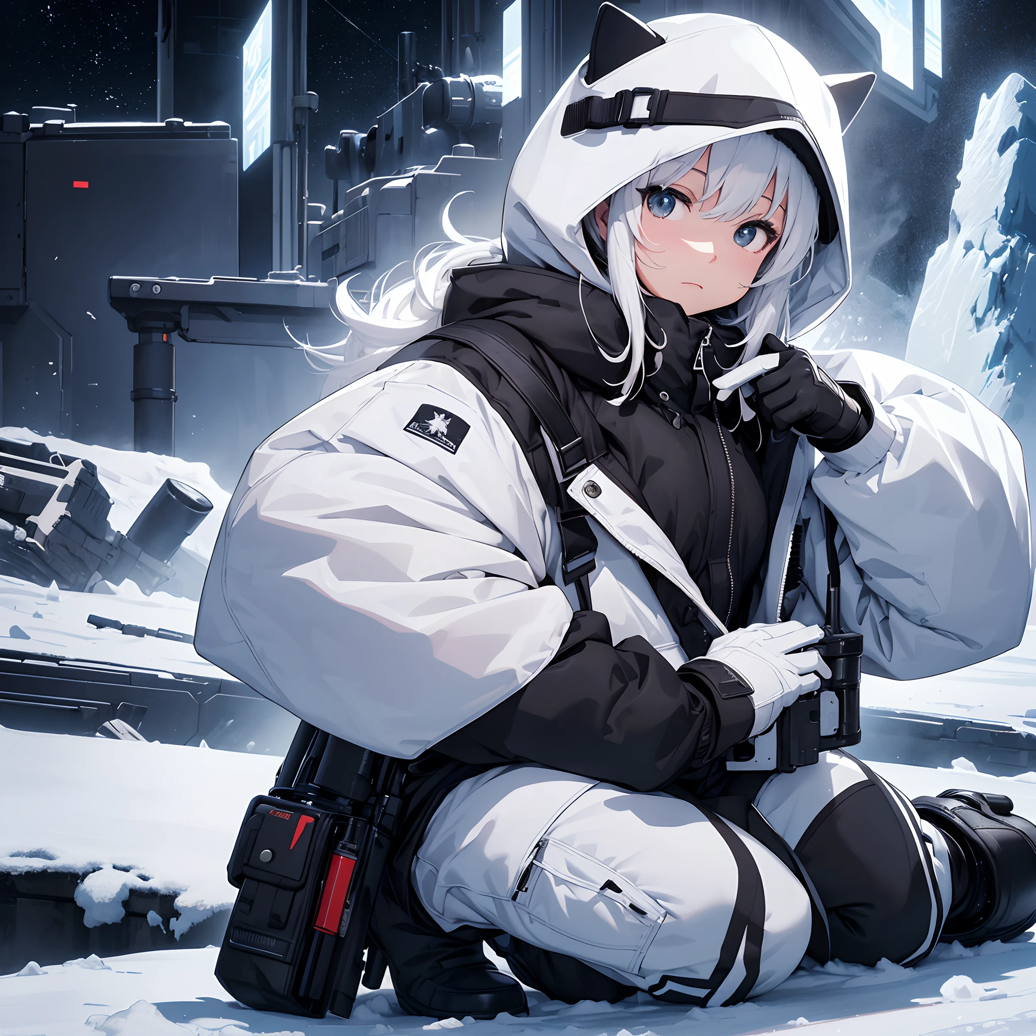 《Shoot Real Rifles》、Full body solo shot、1 Women、Police of the Antarctic Expedition、actionpose、Special winter-proof outerwear with a furry hood、Mokomoko Boots、((Full body like、Simple black or white background))、８K、Three-dimensional、masutepiece、cyberpunked