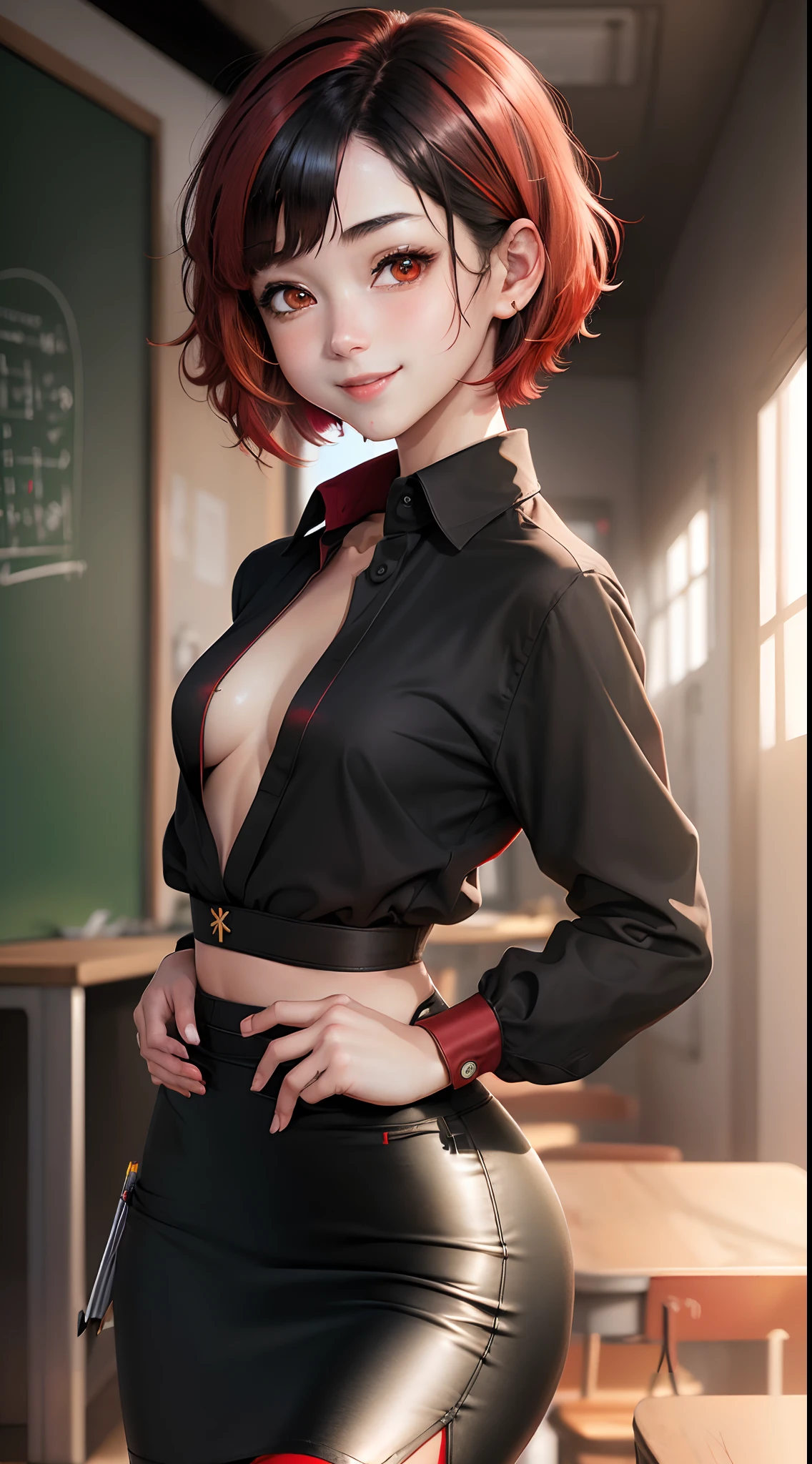 1 girl,Realistic anime girl, young girl, short hairs, wearing (((shirt, pencil skirt))),((( black hair with red highlights))), ((small chest)), smiling