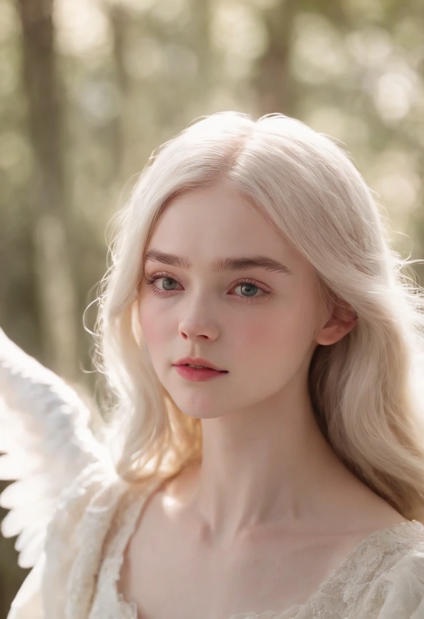 (((A deep reddish scar runs on her left cheek))) light skinned, Little girl, Natural gray hair, Distinctive green eyes, slender and graceful,,,, Beautiful, candle light, Ultra Sharp Focus, realistic shot, white cotton dress,Bokeh、Cute face tetradic color (Scar:1.4)、(((large angel wings on the back)))、(((Elle Fanning)))、white hair、Light coming in from behind、Imperial Light、,15yo student、(((Crystal clear skin)))、Sauce order、hitornfreckles、low nose、Small eyes