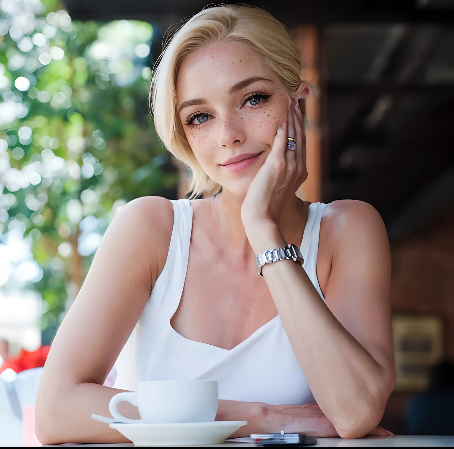 Rosto de uma mulher, americana, 50 anos, pale skin and freckles, olhos cinzas, nariz delicado, soft and delicate lips, cabelo blondie cinza longo e ondulados, sorriso meigo,