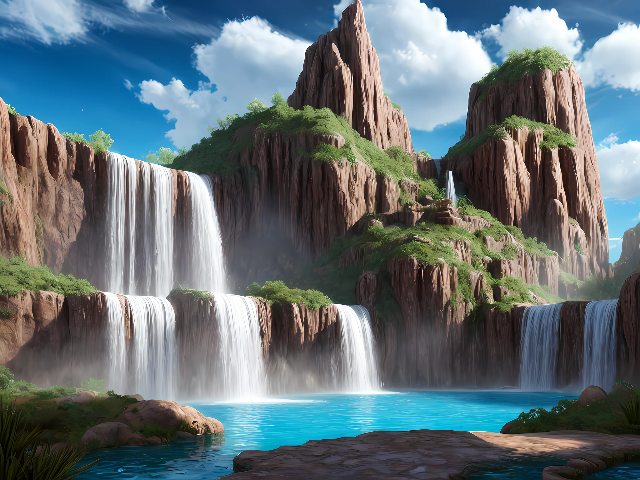 fantasy art, RPG art, an picture of an epic sized waterfall in the desert at midday , an (epic sized waterfall: 1.3), water coming down from a desert cliff, water cascading into a large pool that reflects the sun an the skies, (a rainbow: 1.2) being formed in the water from, the breaking of the sunlight in the water, you can see the water hitting the pool, drops of water splashing around, photorealistic, 16k, RAW, award winning, (best detailed: 1.5), masterpiece, best quality, (best detailed: 1.3), full body, ultra wide shot,