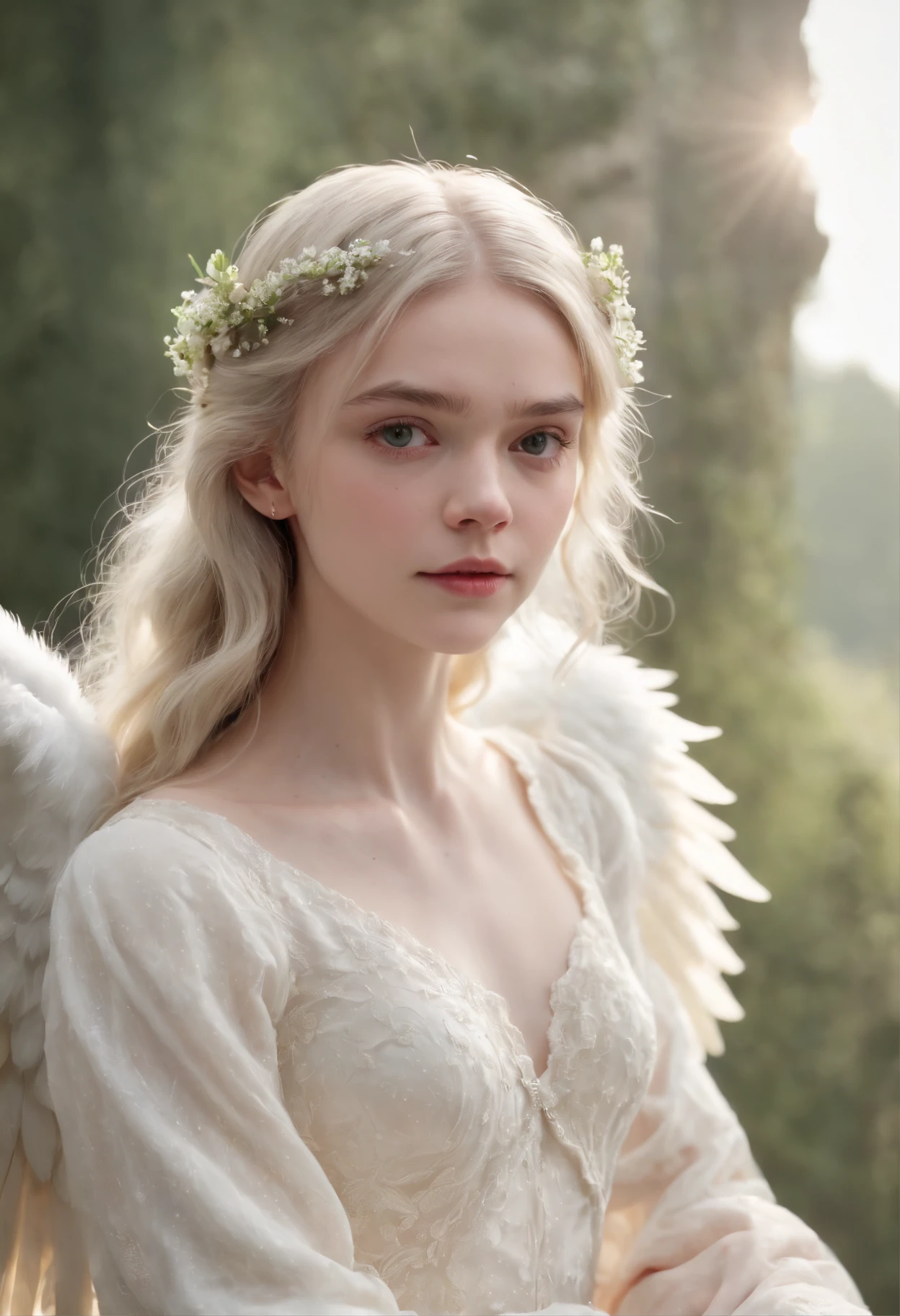 (((A deep reddish scar runs on her left cheek))) light skinned, , Natural gray hair, Distinctive green eyes, slender and graceful,,,, Beautiful, candle light, Ultra Sharp Focus, realistic shot, white cotton dress,Bokeh、Cute face tetradic color (Scar:1.4)、(((large angel wings on the back)))、(((Elle Fanning)))、white  hair、Light coming in from behind、Imperial Light、,15yo studen clear skin)))