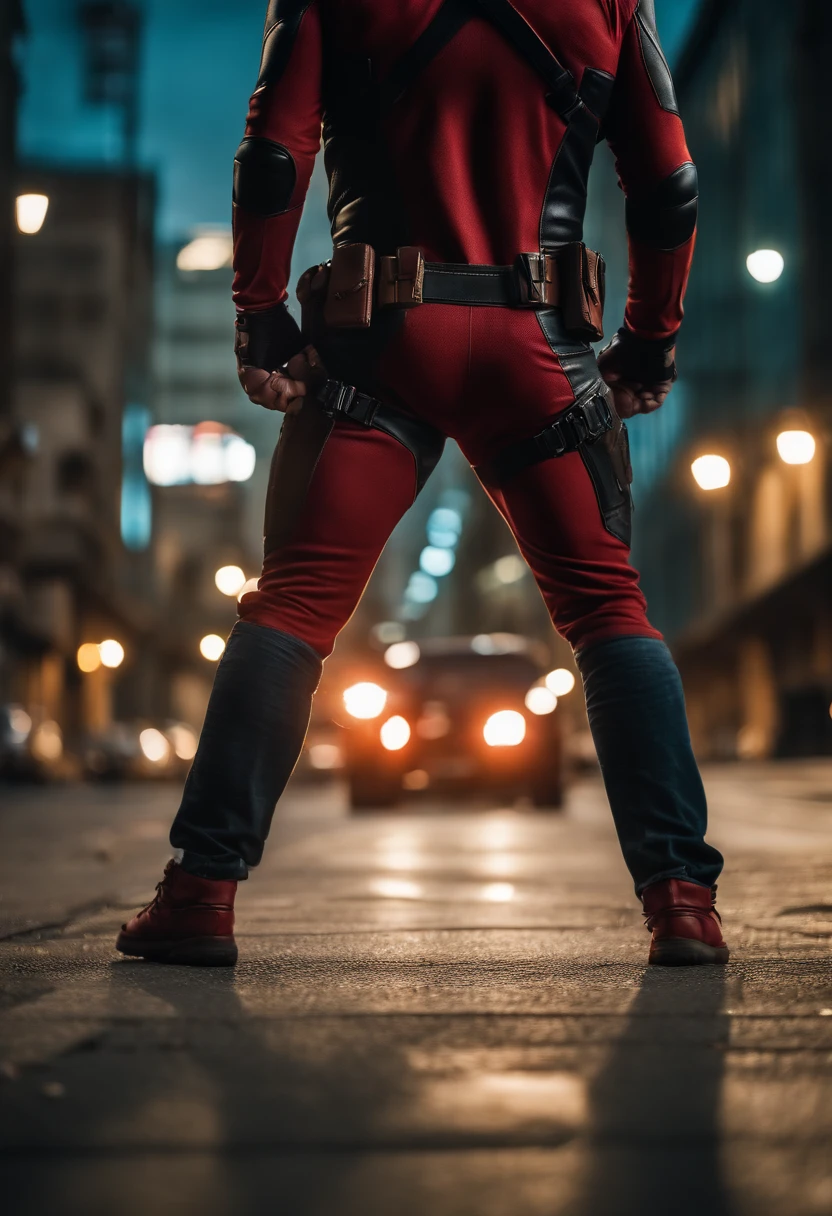 (vibrant, colorful),(best quality,4k,8k,highres,masterpiece:1.2),ultra-detailed,(realistic,photorealistic,photo-realistic:1.37),ripped jeans,colorful sneakers,dynamic lighting,bokeh effects,sense of movement and energy,urban cityscape, Photo, high resolution, hyperrealistic, DSLR, depth of field, two men having sex, tight fitting deadpool costumes, pants pulled down, zipper open, bulge, realistic penis, big ballsack, intimate, playful, passionate, foreground, selfie, pov blowjob