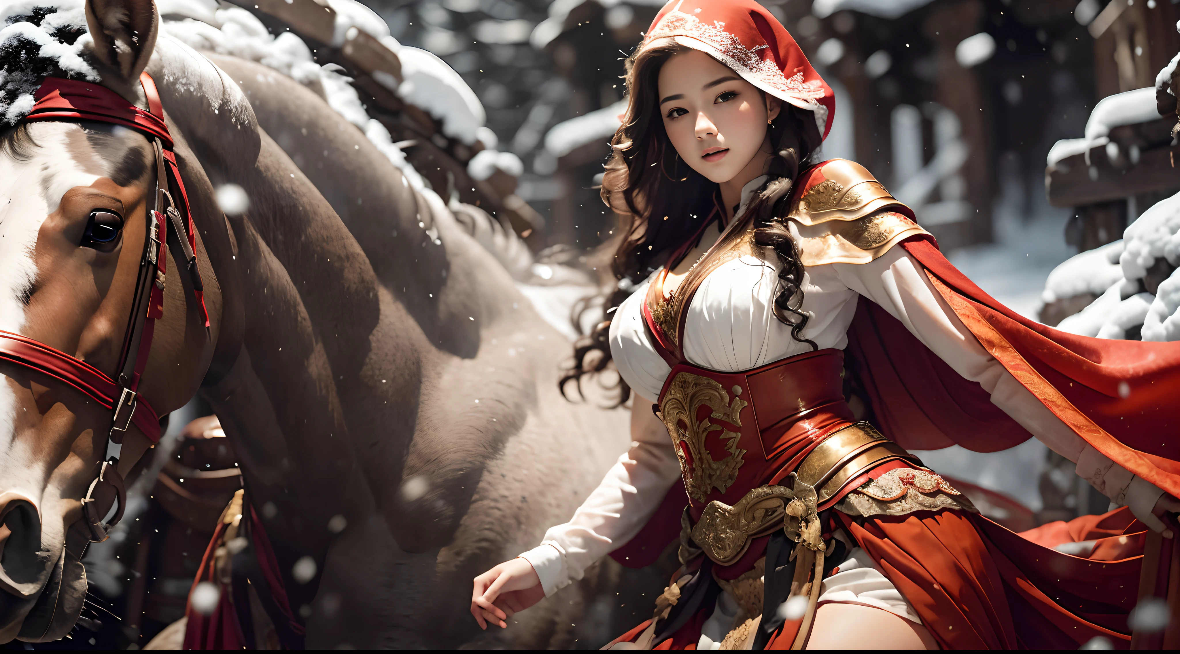 hyper HD, Realistic, Masterpiece, 1 beautiful girl, 18 years old, ride horse, Depth of field, battlefield, (Very short sexy clothing), period costume，All over red，Beautiful vows，long whitr hair，Cloak，A plump chest，voluptuous figure，short  skirt，In heavy snow，Low-cut clothing