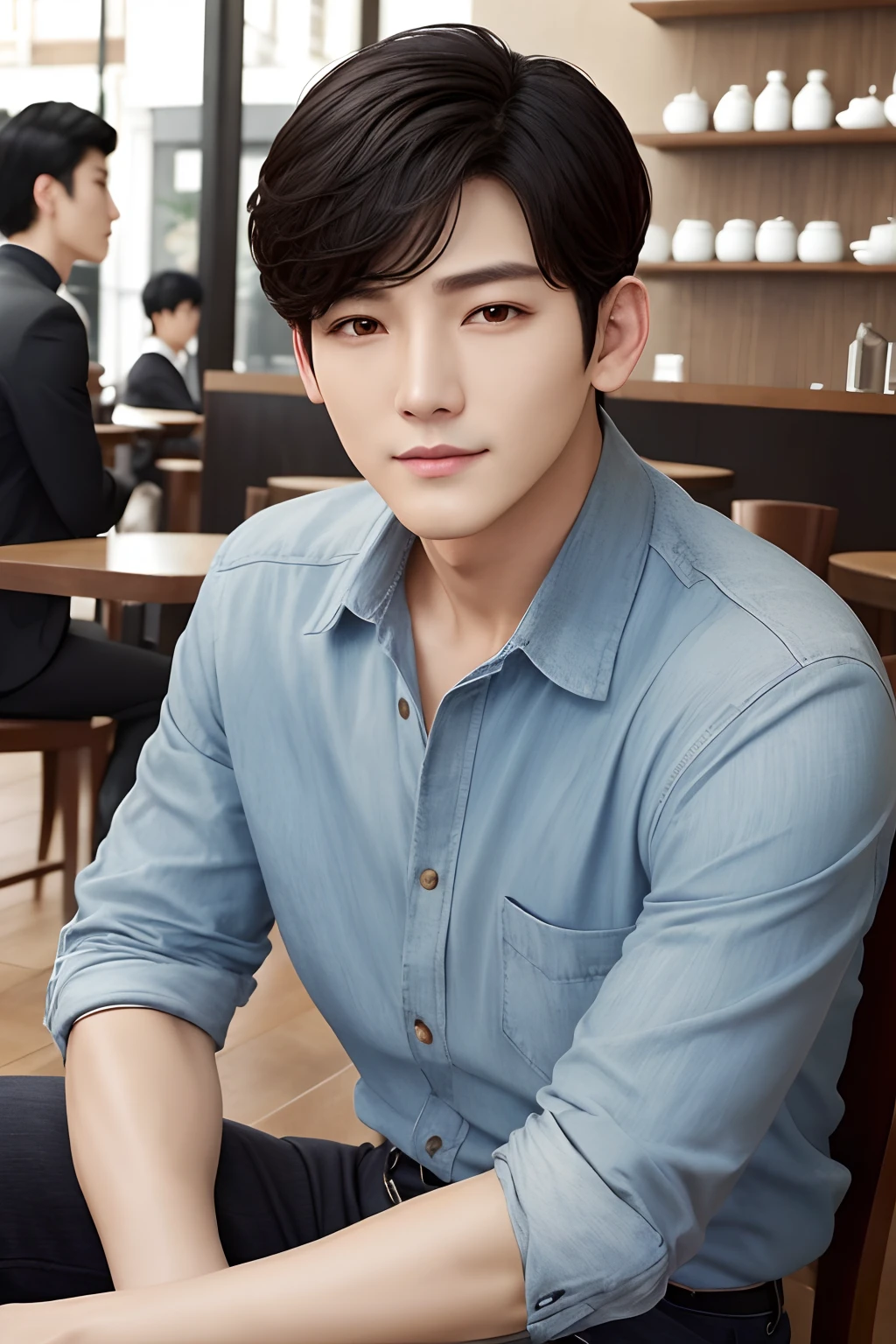 hightquality、Best Quality、Man sitting in fashionable café in sunshine、Black Hair Center Farewell、Short hair、A detailed eye、Similar to actor Ji Chang Wook、elongated head shape,,,,、Clean face、slightly flabby eyes and parallel eyebrows,,,,、Gentle face、Classy atmosphere、Widely accepted face、Man in fashionable clothes