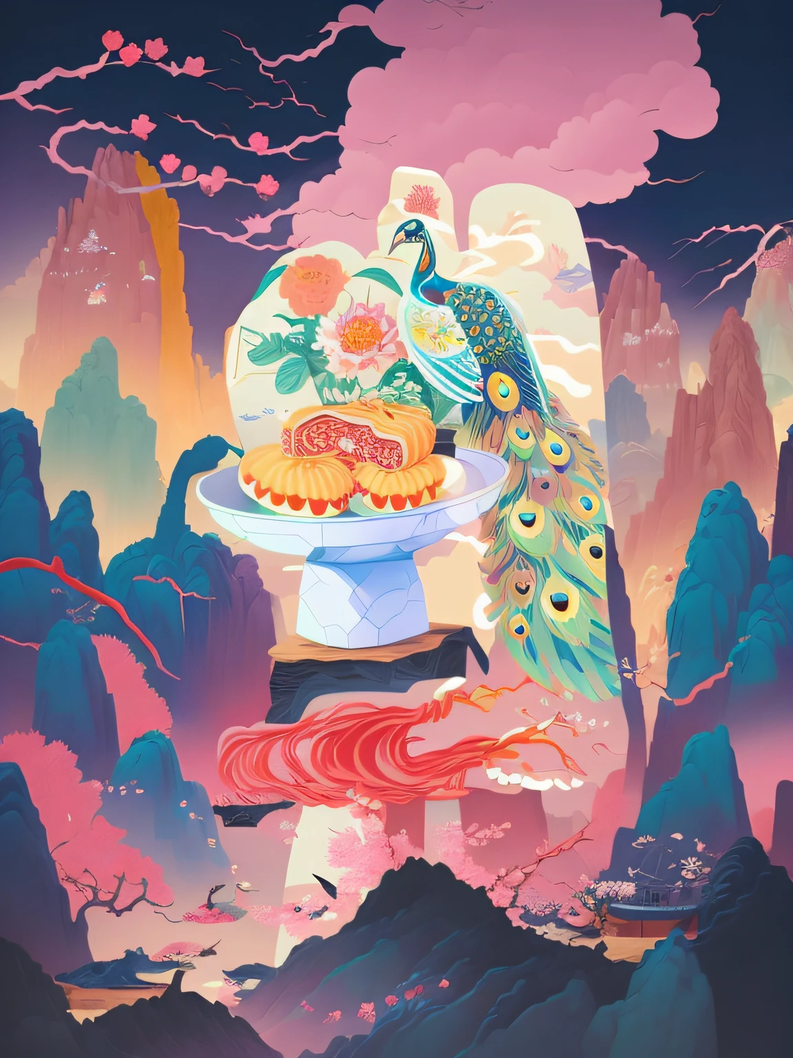 Draw a peacock sitting on a plate，There are flower cakes inside, jen bartel, inspired by James Jean, inspired by Tomokazu Matsuyama, james jean style, chinese surrealism, an illustration of inspired by Victo Ngai, inspired by Tsukioka Yoshitoshi, victo ngai! cmyk palette, james jean and petra cortright