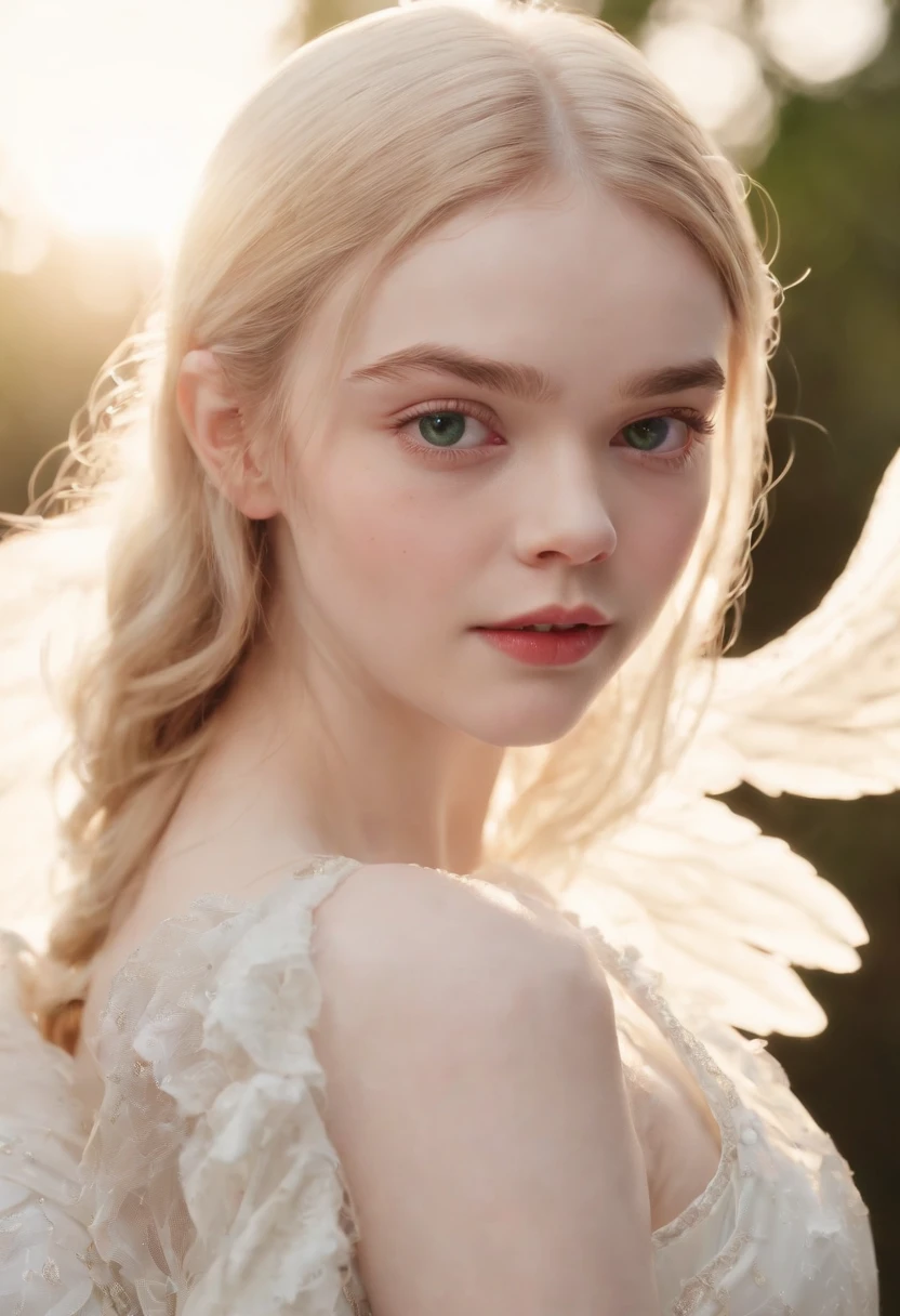 (((A deep reddish scar runs on her left cheek))) light skinned, Little girl, Natural gray hair, Distinctive green eyes, slender and graceful,,a little fat、Plump skin、Beautiful, candle light, Ultra Sharp Focus, realistic shot, white cotton dress,Bokeh、Cute face tetradic color (Scar:1.4)、(((large angel wings on the back)))、(((Elle Fanning)))、white  hair、Light coming in from behind、Imperial Light、,15yo student、(((Crystal clear skin)))、Sauce order、hitornfreckles、low nose、Small eyes