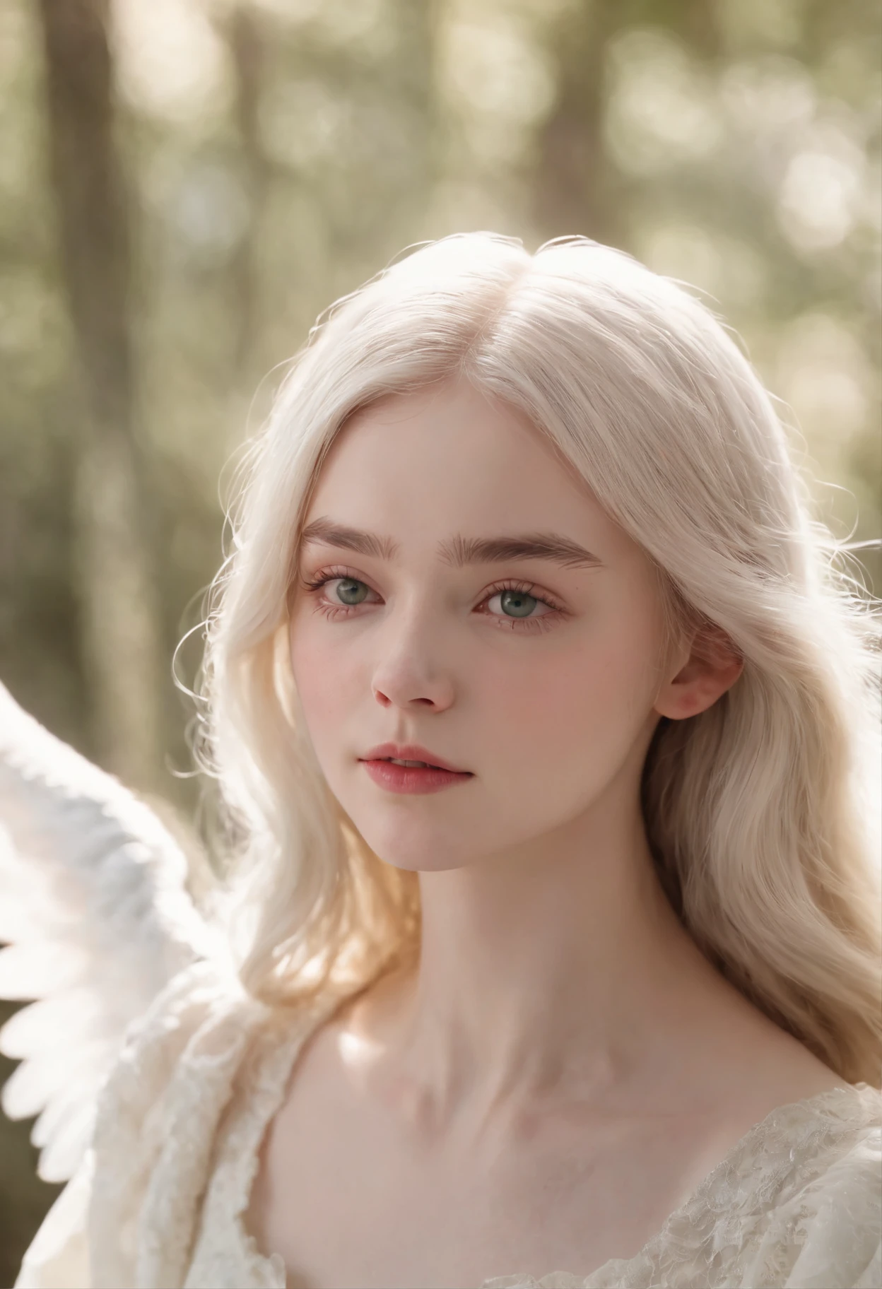 (((A deep reddish scar runs on her left cheek))) light skinned, ,Natural pink hair、characteristic green eyes,, slender and graceful,,,,,,,, Beautiful, candle light, Ultra Sharp Focus, realistic shot, white cotton dress,Bokeh、Cute face tetradic color (Scar:1.4)、(((large angel wings on the back)))、(((Elle Fanning)))、Light coming in from behind、Imperial Light、,15yo studen(Crystal clear skin)))、Sauce order、hitornfreckles、low nose、big-eyed