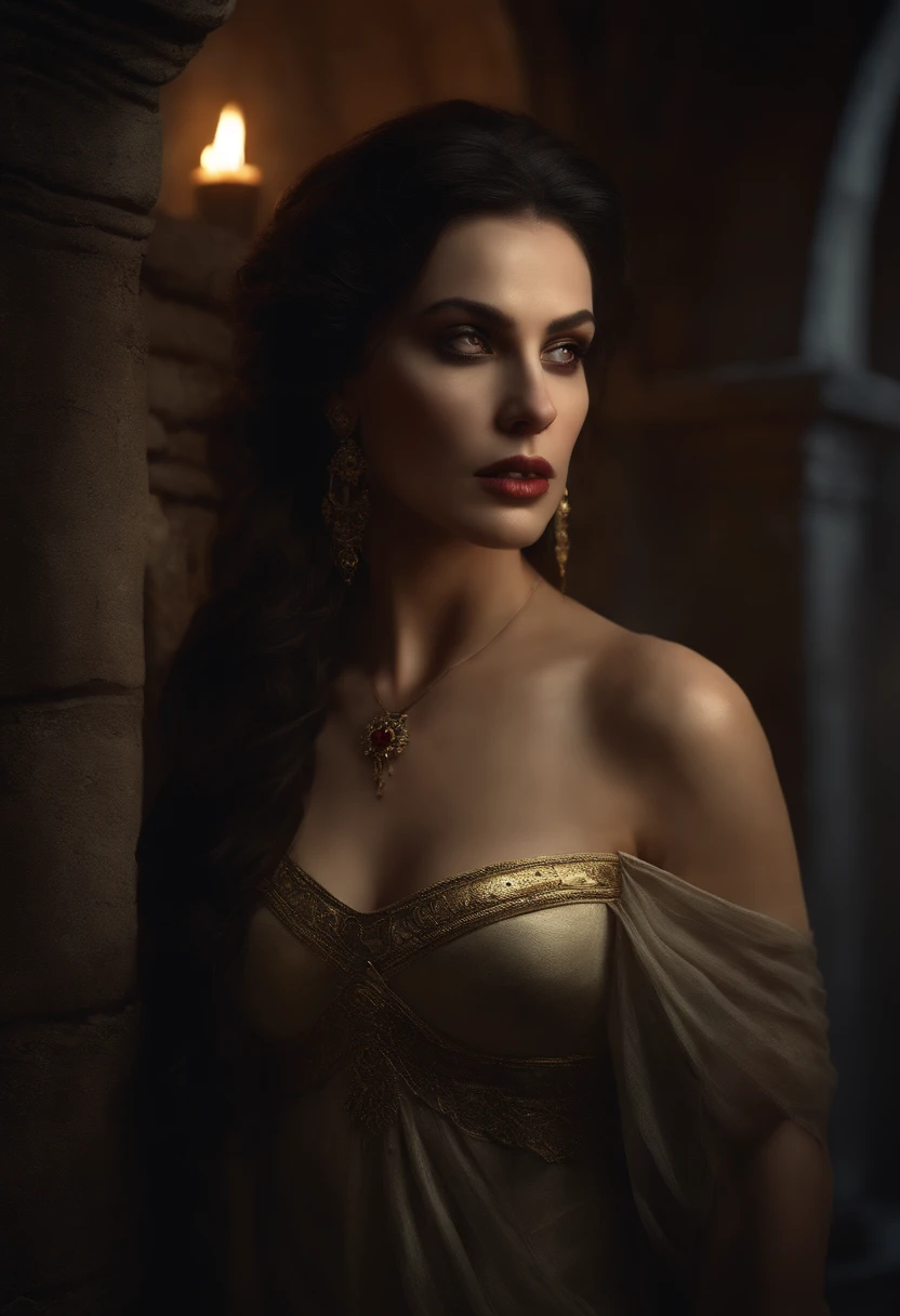 Vampire who looks like monica belluci in ancient roman ruins, night, strong moonlight, photo realism, dynamic lighting, eve ventrue, glowing gold eyes, gothic, eerie, Creepy, nightmarish, Very bright colors, Light particles, with light glowing, wallpaper art, UHD wallpaper