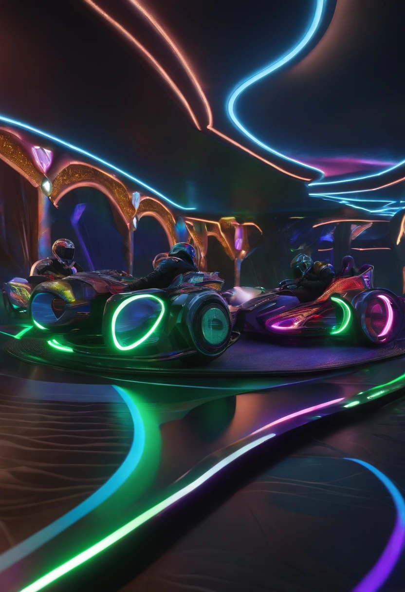 3d zoomorphic karting at the fantasy forest fair, in the style of bold and graphic fantasy forest pop art-inspired designs, immersive environments, sleek metallic finish, range murata, luminous brushstrokes, photo taken with provia, infinity nets, animated lighting, C4d, OC renderer, 8k, best quality --ar 16:9 --v 5.2