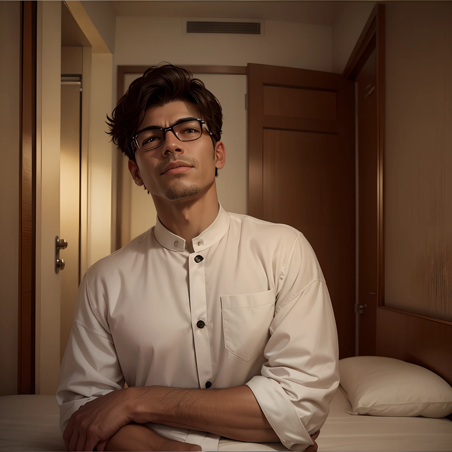 Change the background into a hotel room in highly realistic picture