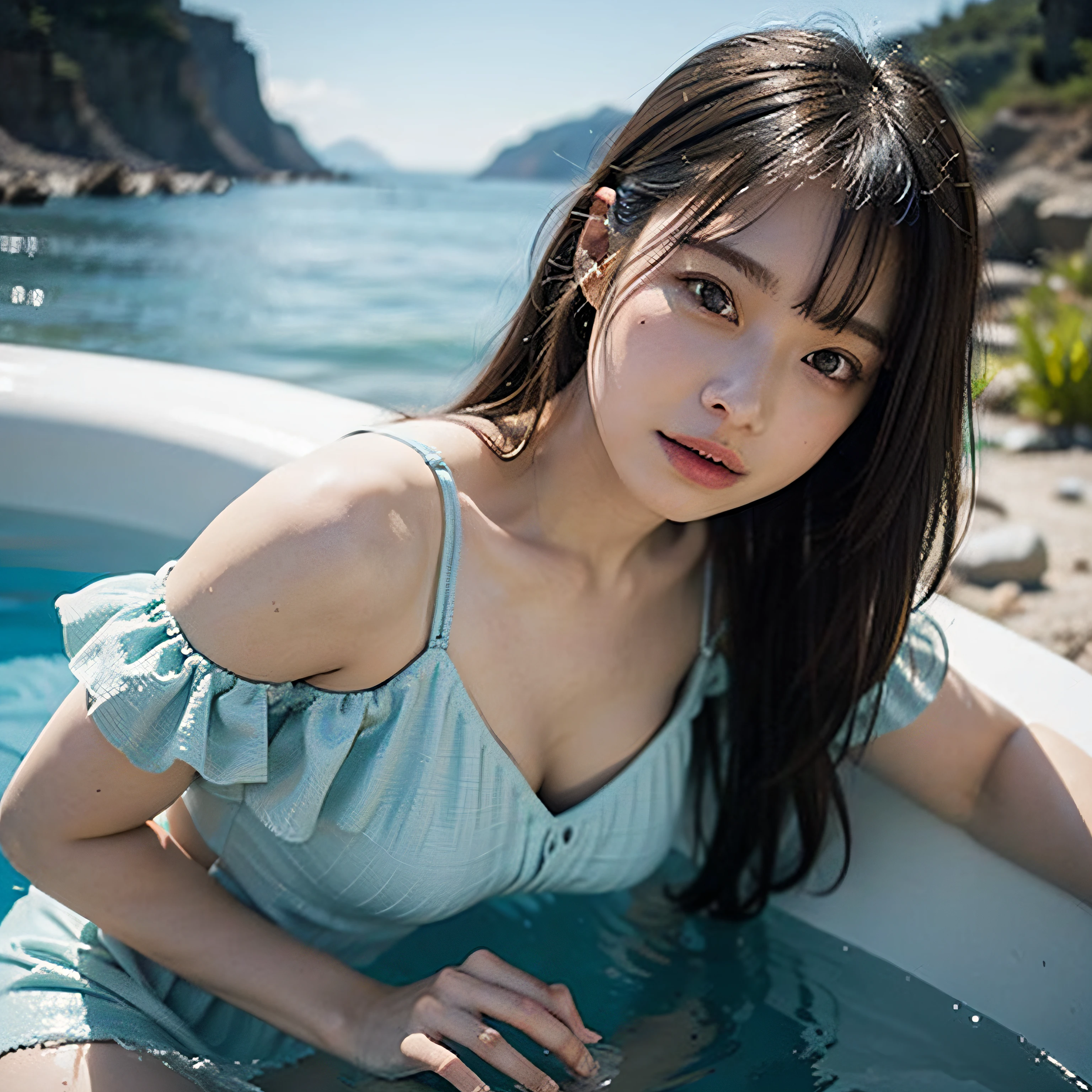 top-quality、8k picture、(masutepiece, Best Quality), ((1girl in, Solo, Long hair)), Ishmael_limbus, Innocent expression, Bare arms, Bare shoulders, Bare neck, watercolor paiting,short dress, liquid clothes, Water, vague, Water Dress, Blue_theme, Night, myst, Dark, Sharp Focus, Sea, See-through dress, Orange hair