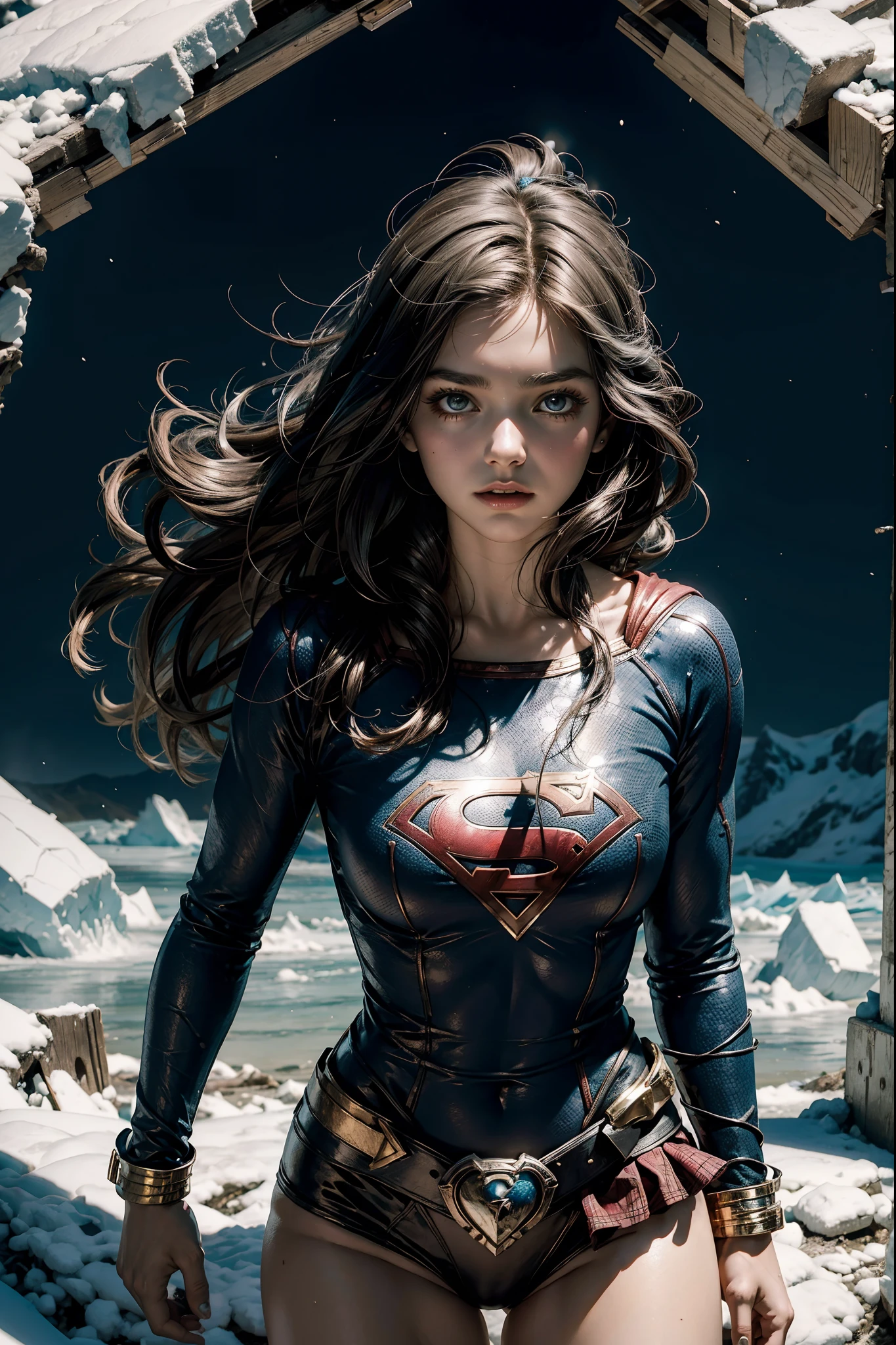 a teen Natalie Portmanas supergirl as a captivating figure amidst the dense glaciar. her physical appearance tells a story of tragic transformation and decay, evoking both fascination and a sense of unease. the teenage necromancer girl's once-youthful countenance is marred by the relentless grip of decay. skulls. totems. voodoo magic. hugging, looking at each other.