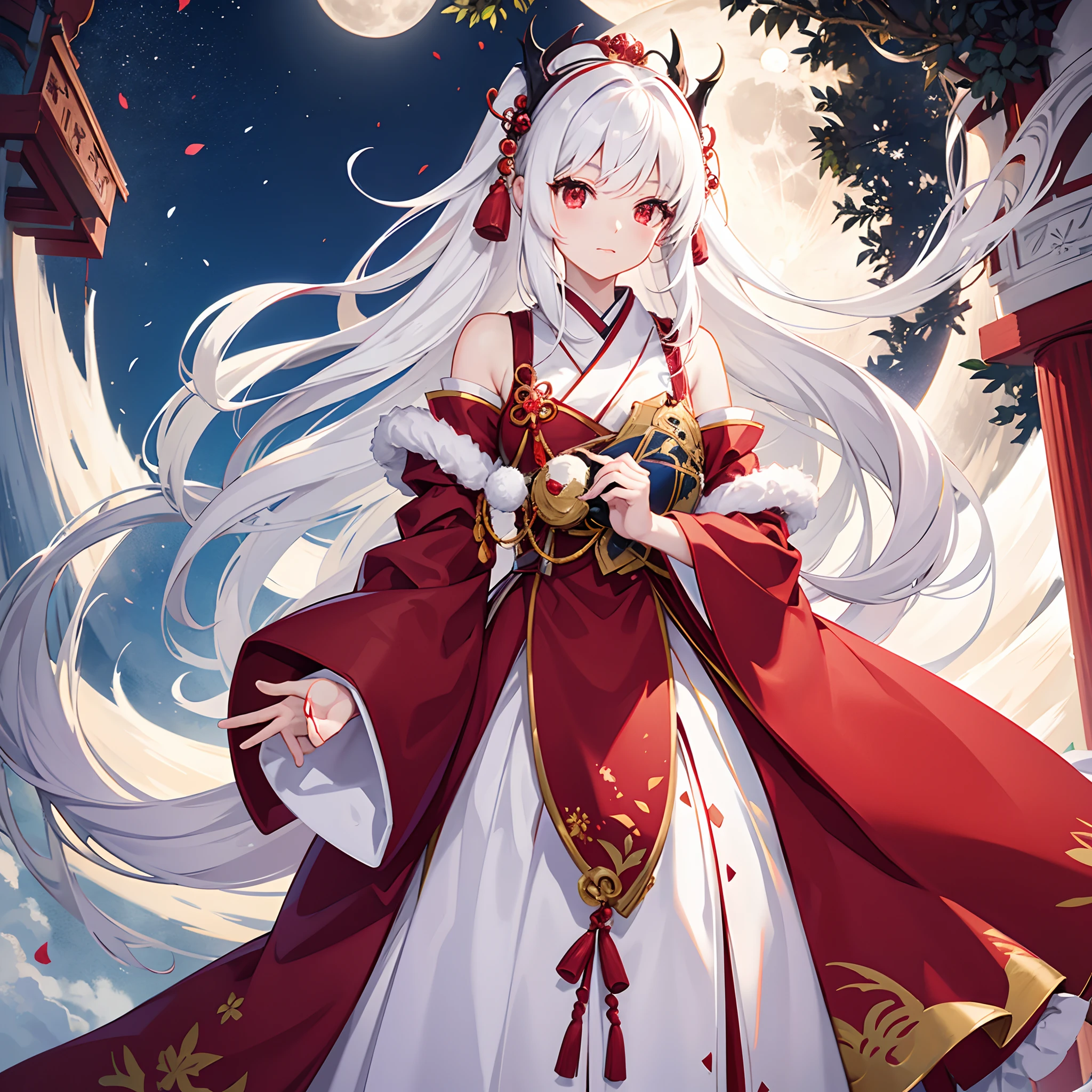 Anime, cute girl, japanese, petite, long white hair, ruby red eyes, kaguya, full moon, royal ball gown dress